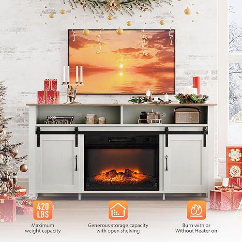 Miniatura 7 de VINGLI Soporte de TV con chimenea con puerta corrediza de granero para TV de 70 pulgadas, centro de entretenimiento de granja y chimenea de 23