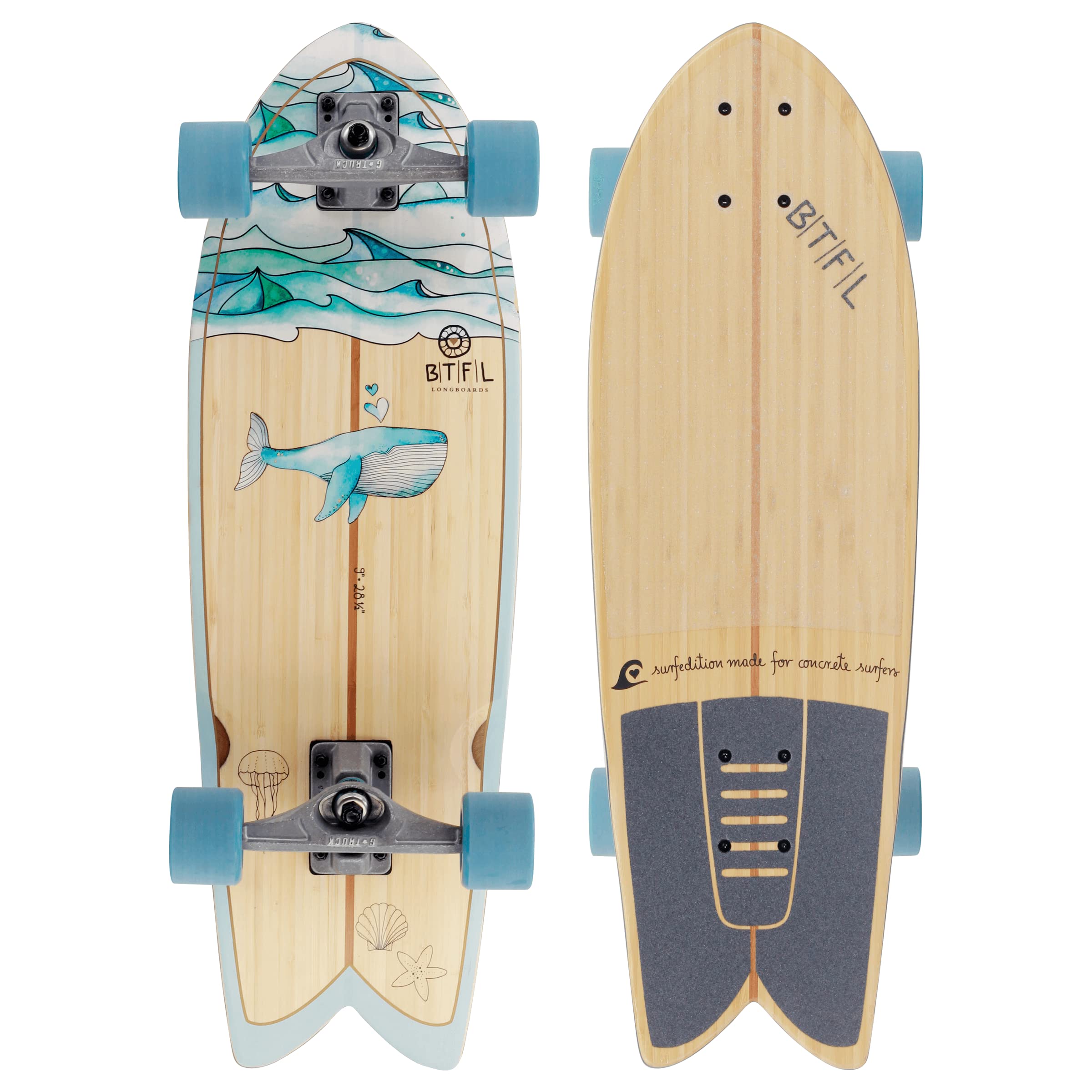 BTFL Surfskate Board Ideales Surftraining für Balance, Carving & Pumping. Komplett Surf-Skateboard mit G-Truck Surfskate Achse und Rollen für Anfänger und Fortgeschrittene: Sol, Cody, Moby & Aurelia