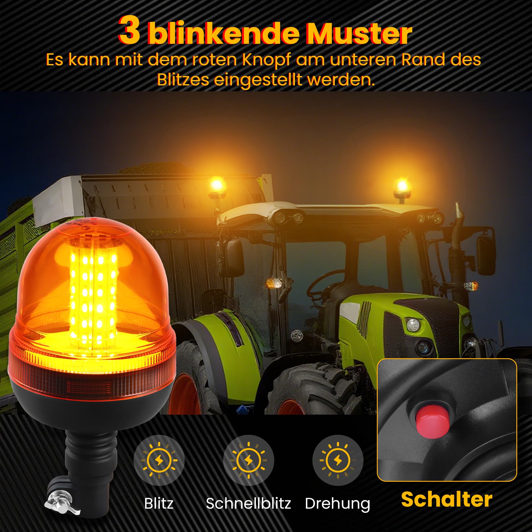 2PCS Amber Rundumleuchte - 2X60LED Warnleuchten mit 3 Blitzmustern, 12V/24V Blinkleuchte Rotating Beacon für landwirtschaftliche Maschinen, Nutzfahrzeuge, Schulbusse, Traktoren, Bagger, LKW