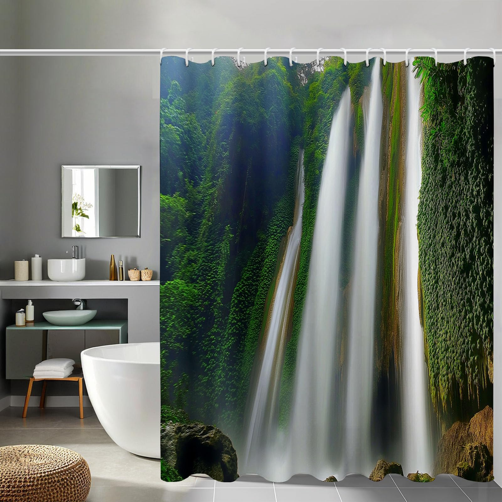 Rideau de douche végétation cascade lavable en tissu vert forêt pour baignoire 180 x 200 cm