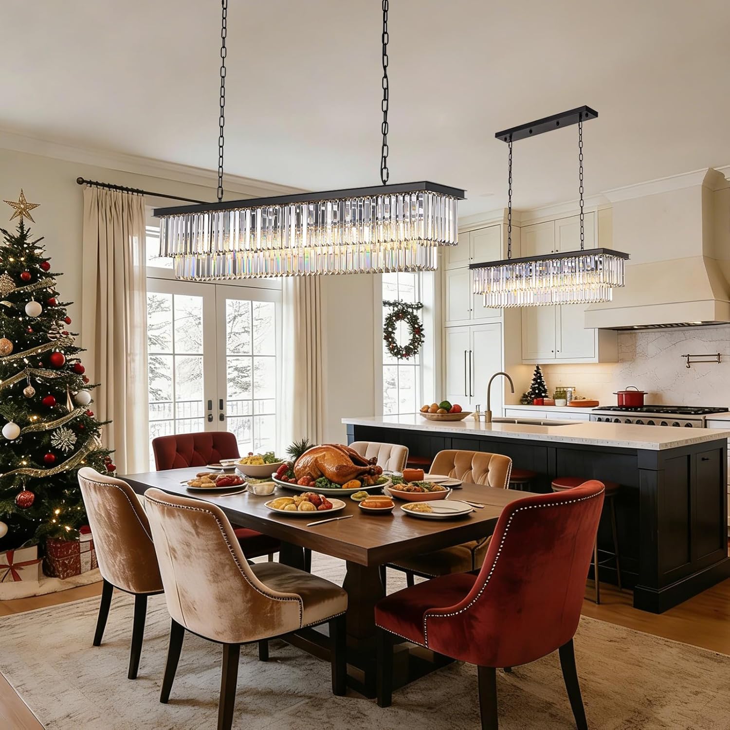 Rectangle Dining Crystal Chandelier, L39 Hanging Pendant Light with Adjustable 59" Wire, K9 Crystals, E12 Bulbs Base, Modern Ceiling Light Fixture for Kitchen Island