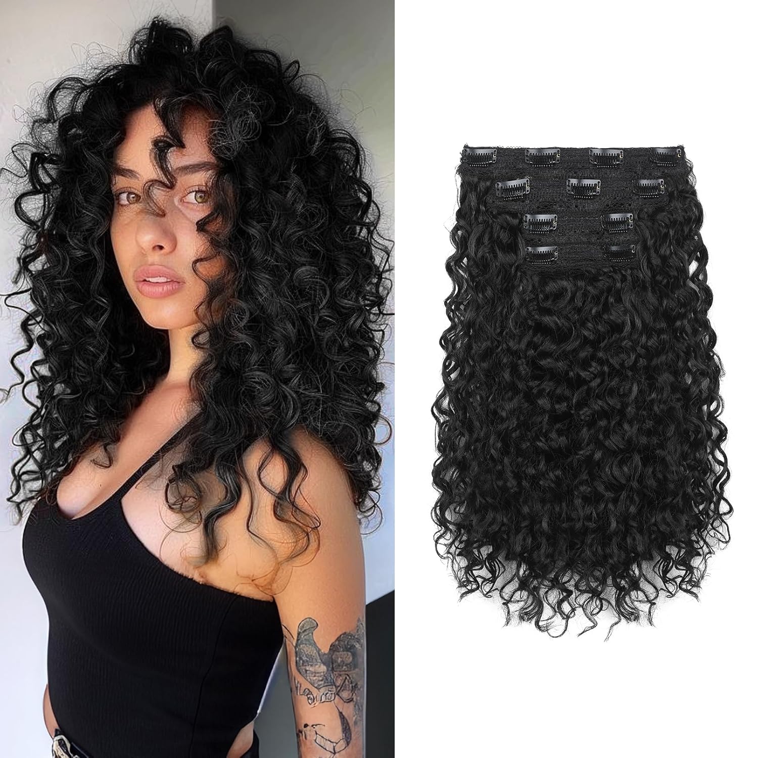 FLUFYMOOZ 4PC Clip in Hair Extensions, 14 Inch 100% Pure Protein Silk Short Hairpiece Deep Curly Wavy Hair Extensions Clip in Natural Soft Hairpiece for Women-Black