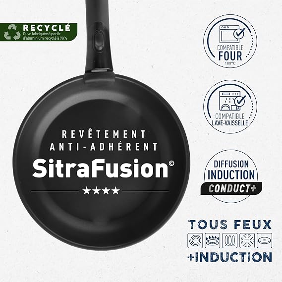 Sitram 716978 Cookware Set Recycled Aluminium Blue 6 Pieces: 1 Removable Handle, 1 Saucepan Diameter 18 cm, 2 Frying Pans Diameter 22.26 cm, 1 Saute Pan Diameter 24 cm, 1 Lid Suitable for All Heat