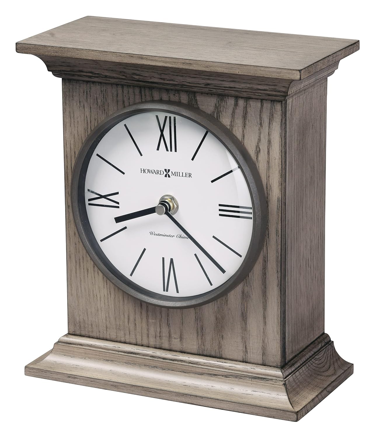 Howard Miller Priscilla Mantel Clock, Gray Finished Wooden Material Top Flat Pediment Vintage Home Decor, Analog Display Roman Numerals Quartz Movement Best Bracket Style Table Clock for Office