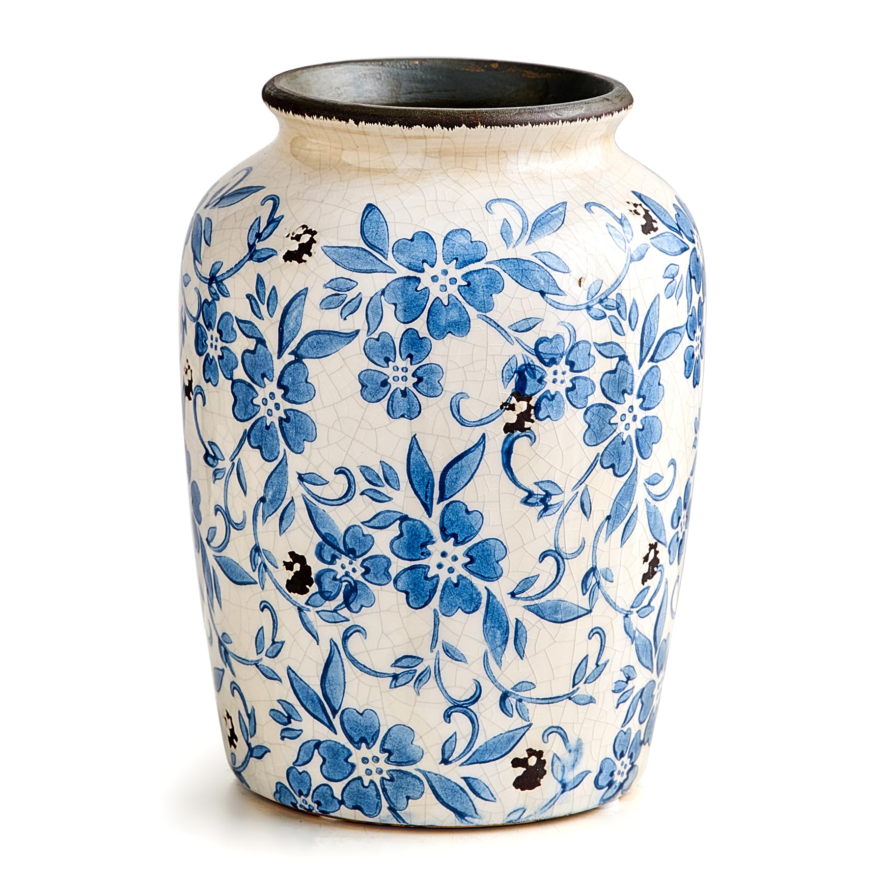 Jarrón de cerámica, porcelana blanca y azul, decoración rústica para el hogar, jarrón de mesa para flores