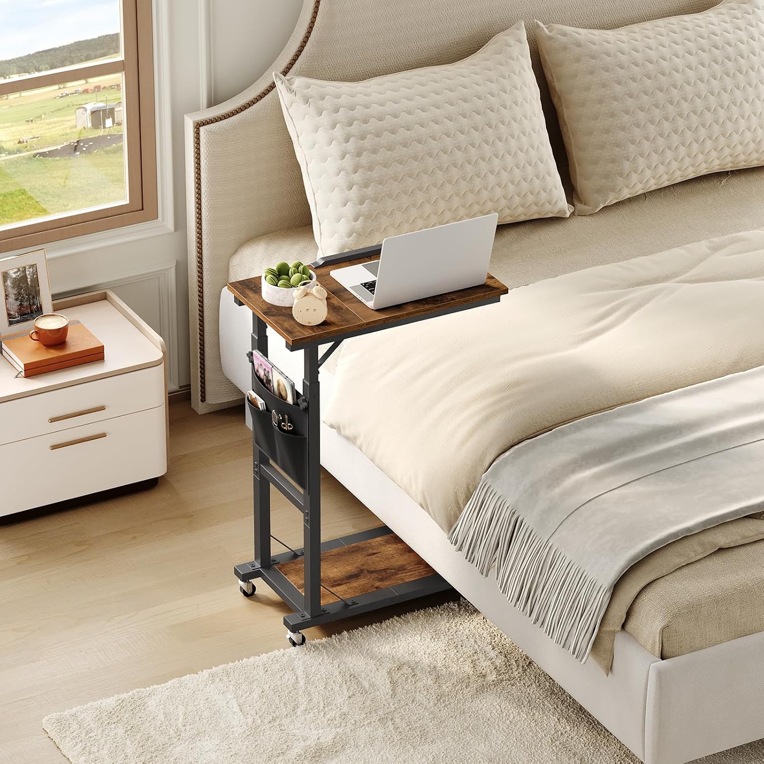 MAHANCRIS Overbed Table, Mobile Bedside Table with Adjustable Right Side Panel, Adjustable Height Table with Wheels, Side Table with Side Pockets for Bedroom, Hospital, Rustic Brown and Black MTHR6001
