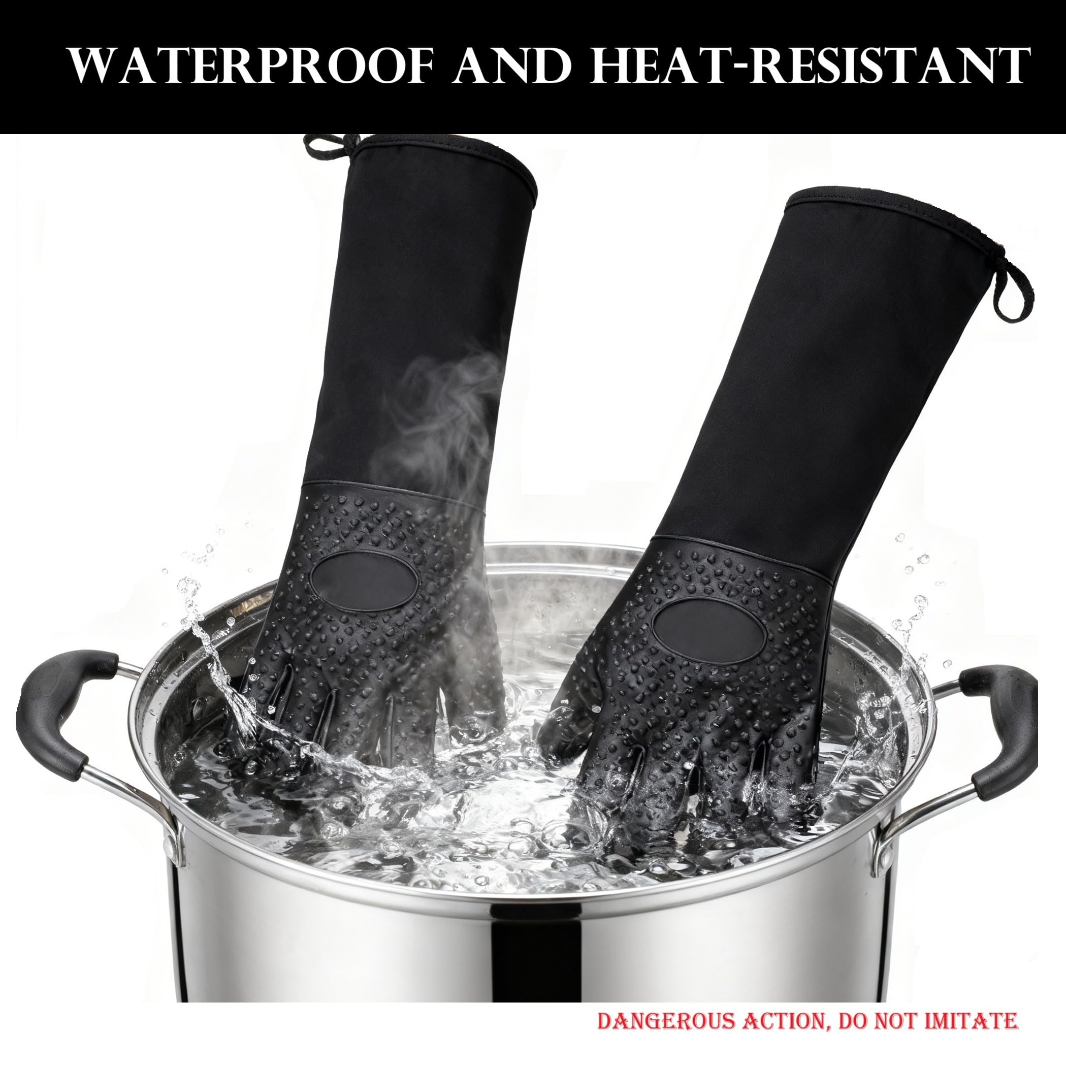 Guantes de silicona extra largos resistentes al calor (20 pulgadas), guantes de horno mejorados con silicona gruesa, antiquemaduras y anticongelante, guantes gruesos con forro de algodón para soportes