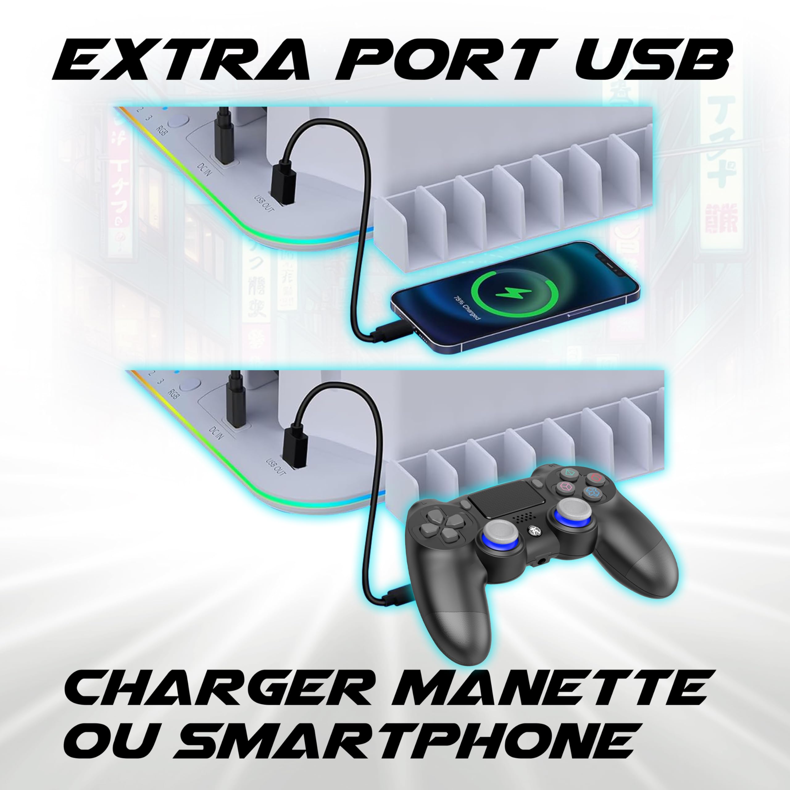 AKUMA Cyber A01 – Support Multifonction PS5/PS5 Slim/PS5 Pro – Ventilateur Turbo 3 Vitesses, Chargeur 2 Manettes, RGB 9 Couleurs, Rangement 15 Jeux, Support Casque, Port USB A