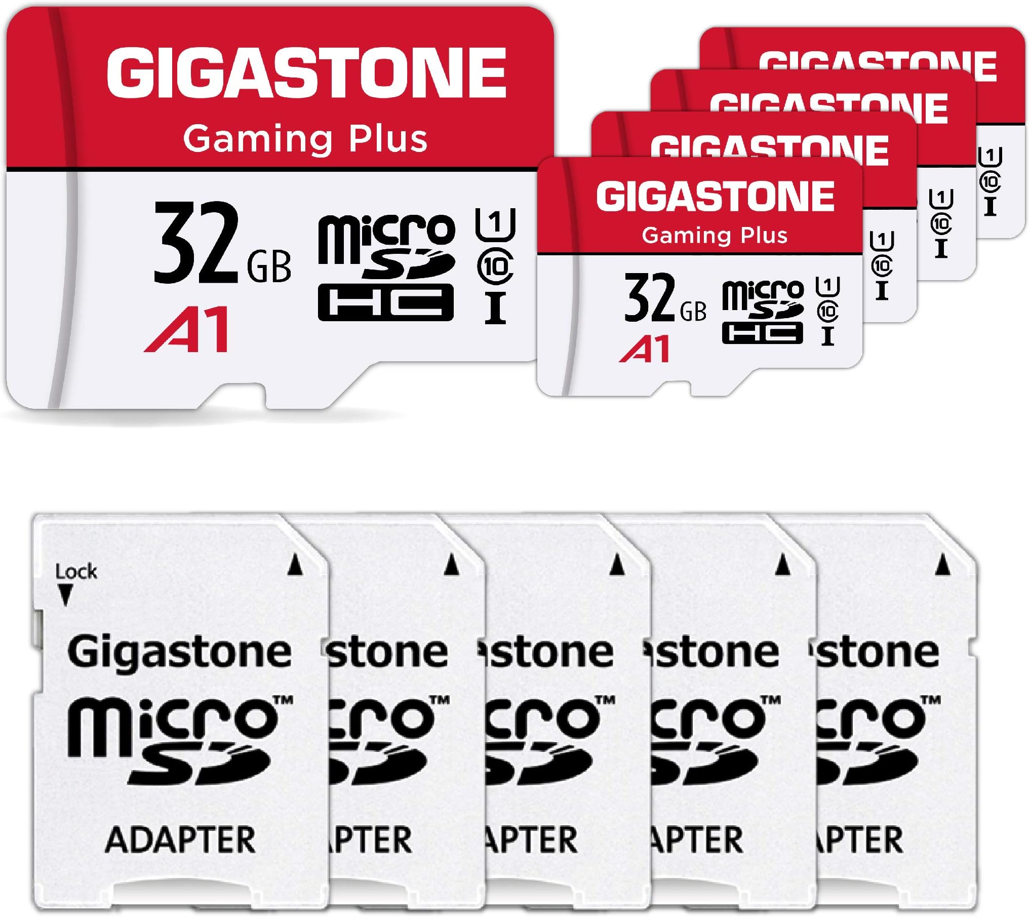 [GIGASTONE] Micro SD Card 32GB 5-Pack, Gaming Plus, MicroSDHC Memory Card for Nintendo-Switch, Wyze Cam, Roku, Full HD Video Recording, UHS-I U1 A1 Class 10, up to 90MB/s, with MicroSD to SD Adapter