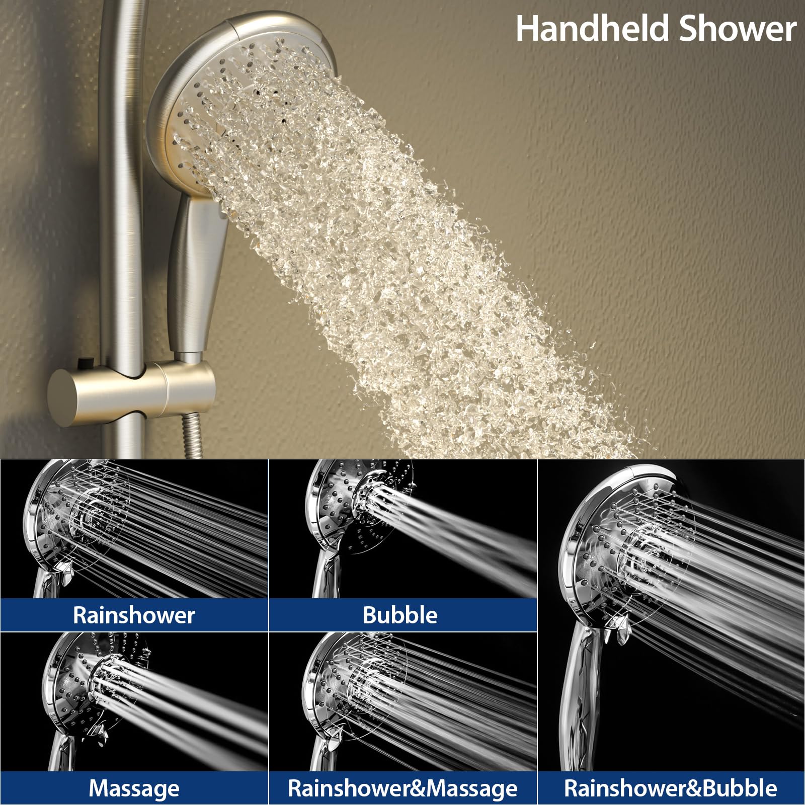 Sarlai Shower Riser Kit,High Pressure 5 Spray Jet Modes Shower Head,5 inch Hower Head and Hose 2-Way Diverter,Suitable for Bathrooms,Brushed Nickel - Image 4