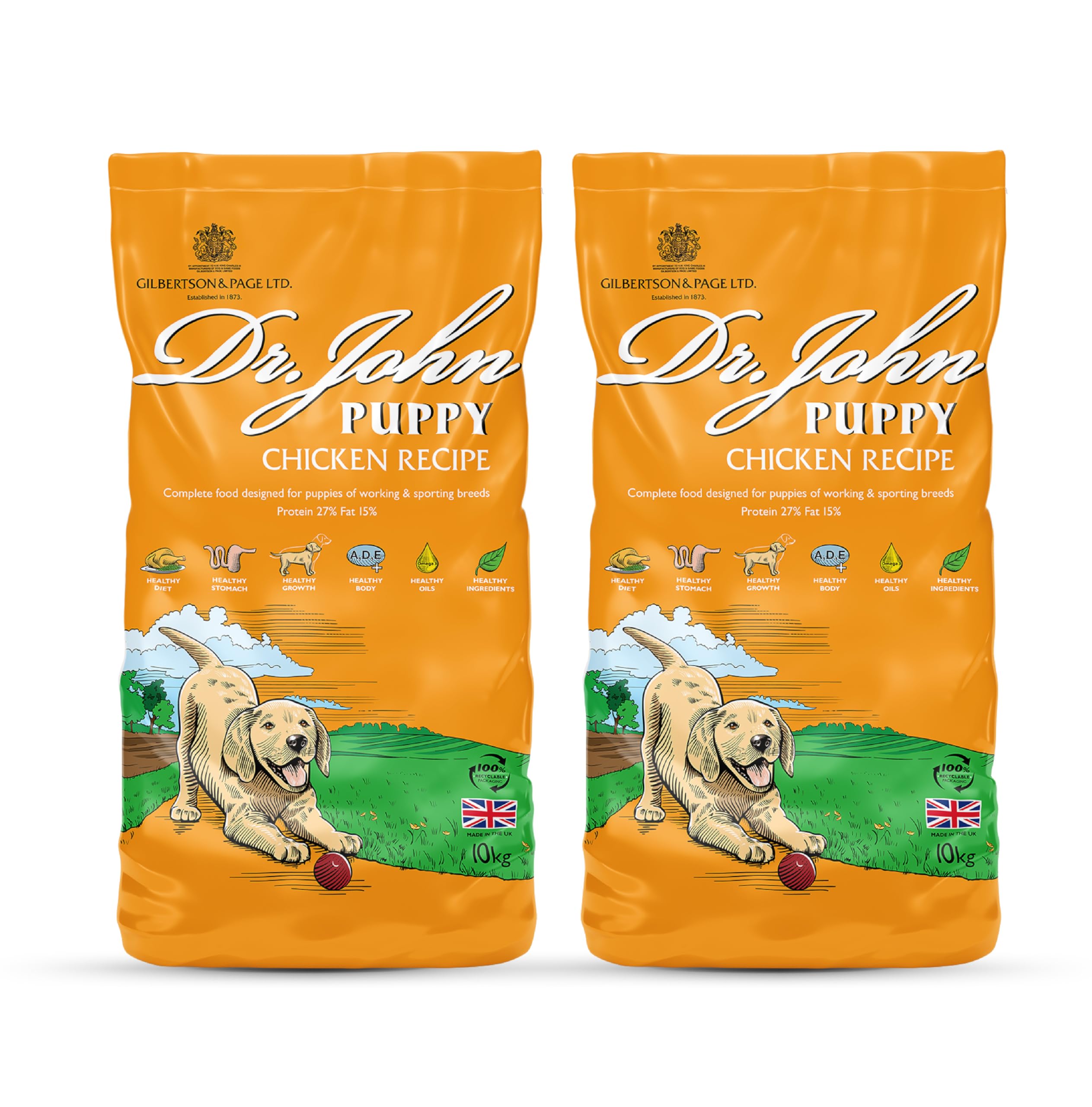Dr John Dry Puppy Food 20kg (2 x 10kg) with Omega-3s - Chicken Recipe - Complete Nutrition for Puppies of Sporting Active Breeds - Junior High Protein Dry Dog Food