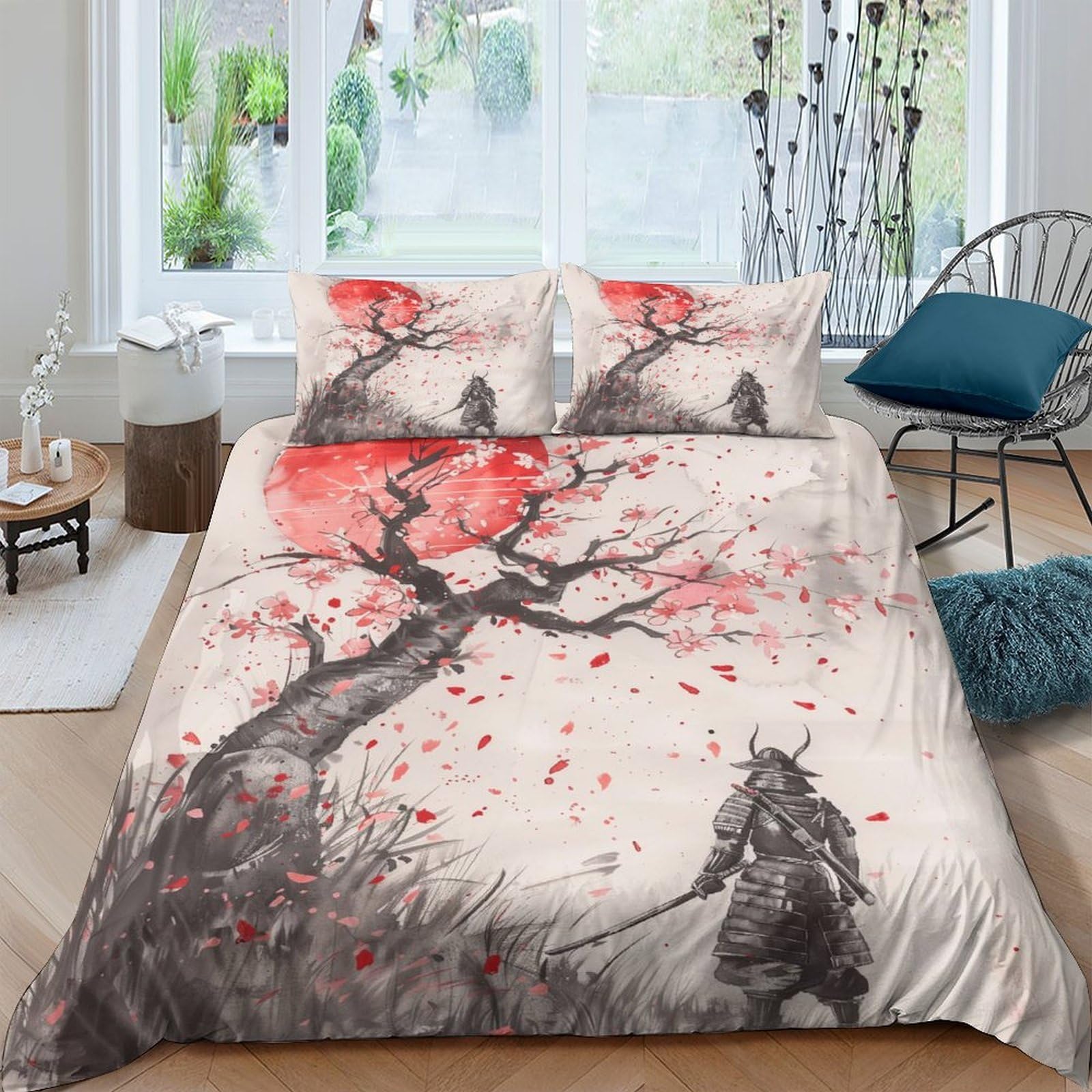 Ctjqhvkz Style-2 3D Printed Sakura Samurai Fitted Sheet Microfiber Non-Slip Easy Care Red Black Bed Cover For Bedroom Guest Room Decor Single（135X200cm）