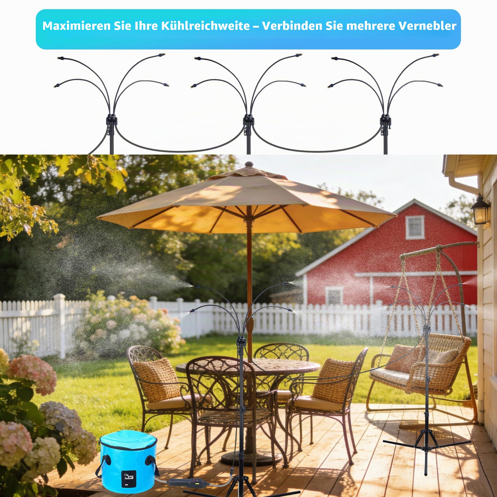 Stehende Sprühnebel für Außenterrasse, 150 cm, höhenverstellbar, mit wiederaufladbarer Wasserpumpe und tragbarem Eimer, kein Wasserhahn erforderlich, Kühlnebel für Terrasse, Hinterhof, Veranda und