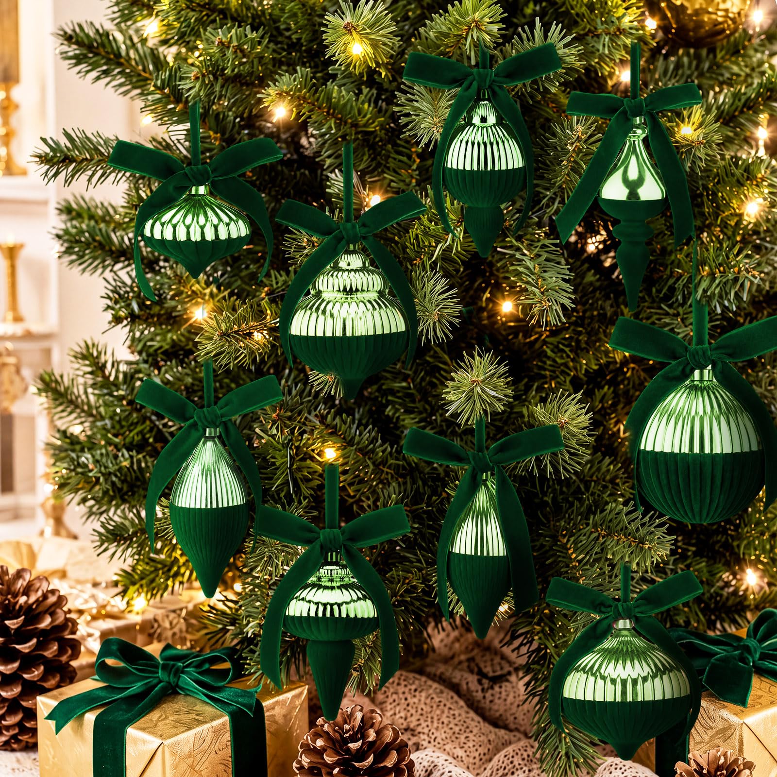 Hungdao Kit de 9 boules de Noël en velours à moitié floqué – Décorations de sapin de Noël en plastique incassable – Boules de Noël brillantes à suspendre avec nœud décoratif pour sapin de Noël (vert)