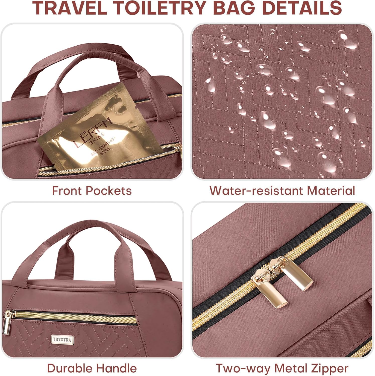 Hanging Toiletry Bag for Women Travel, 2 Sizes Large & Small Waterproof Cosmetic Organizer with 4 Compartments, Rotating Hook, Foldable Pink Travel Bag for Toiletries & Makeup Red Sandalwood - Image 6