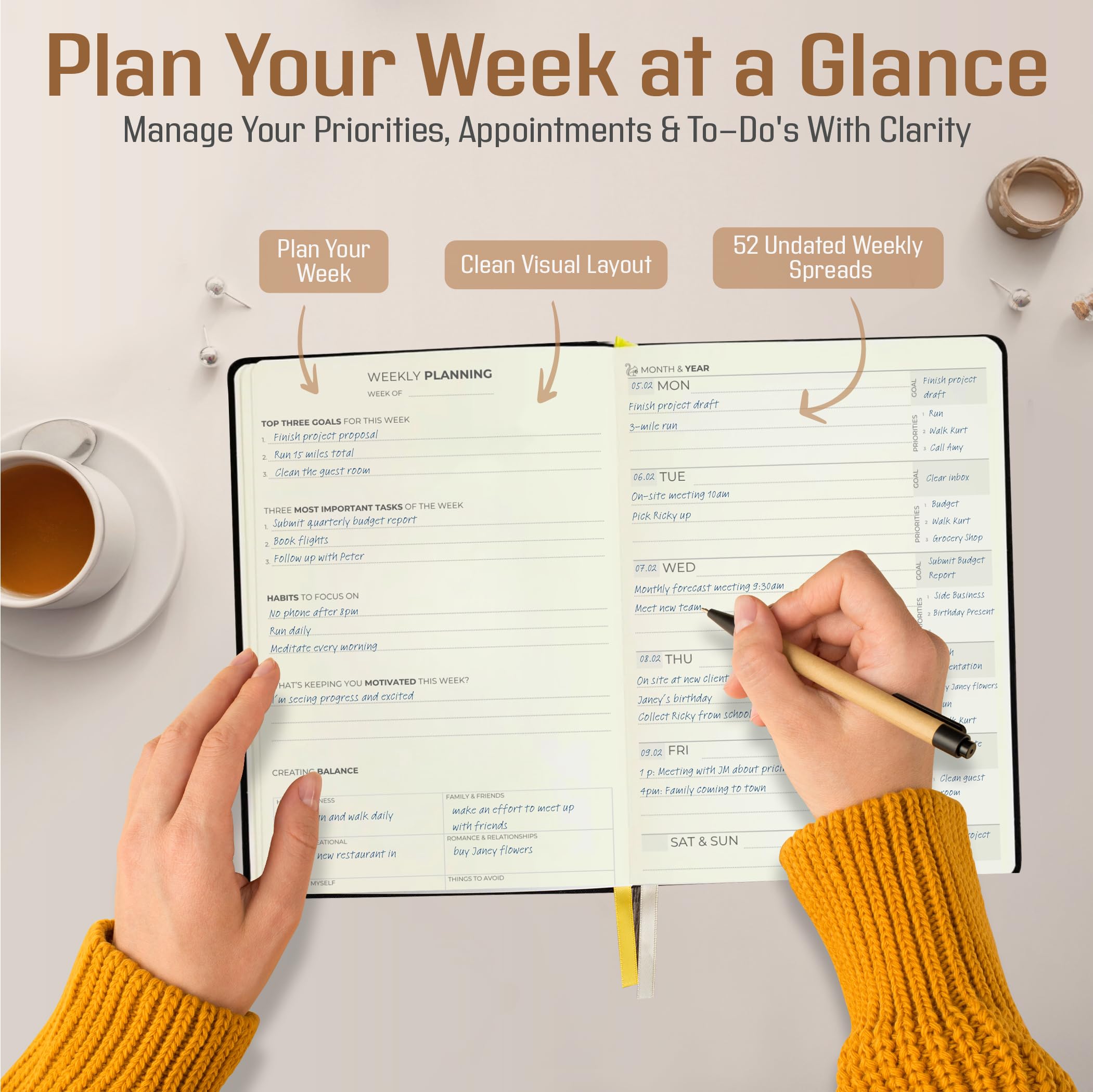 Planificador semanal A5 sin fecha – Aplasta objetivos, domina el tiempo y construye mejores hábitos | Planificador de gestión de objetivos y tiempo para el trabajo, papel sin sangrado, planificador de