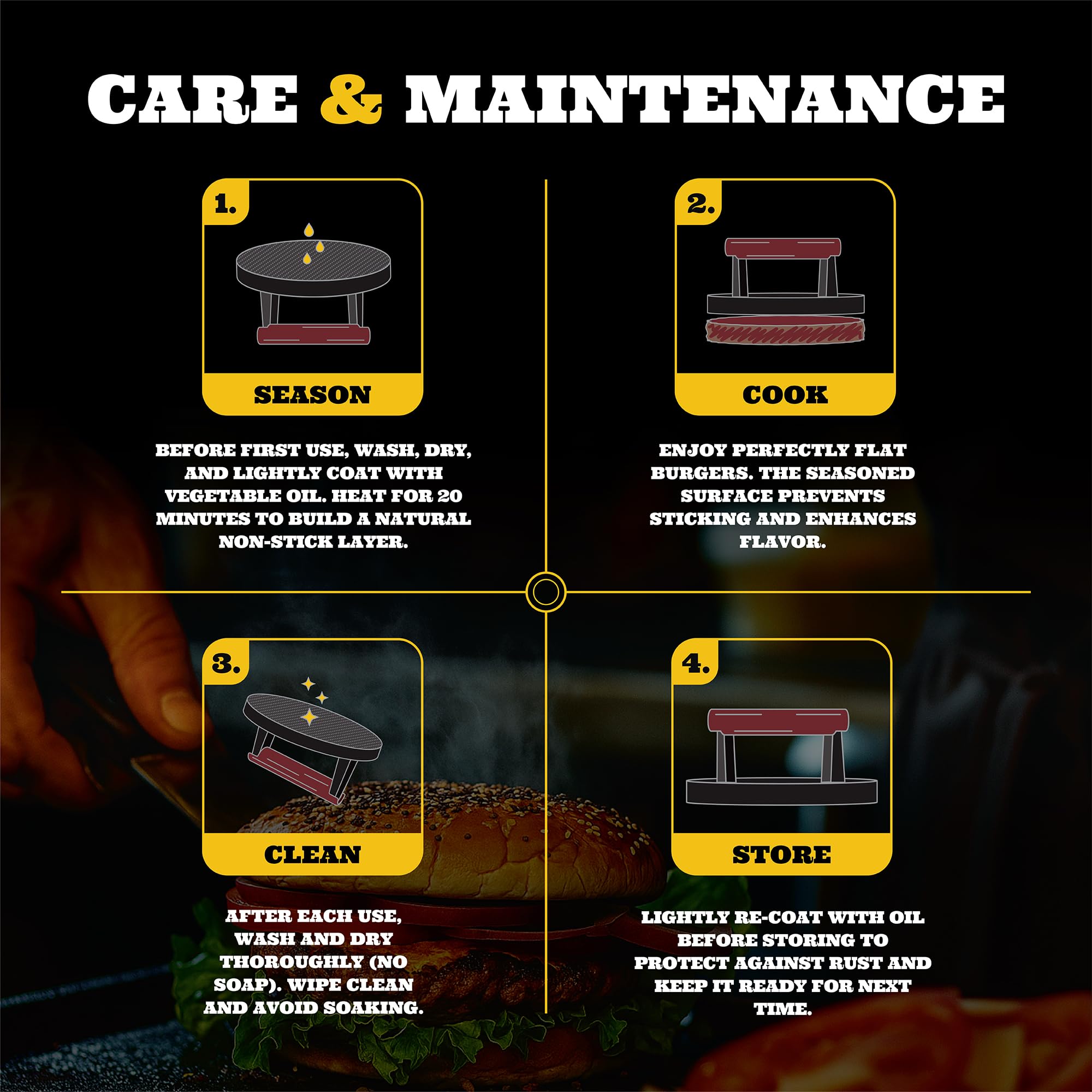 IAN's Zestaw prasy do burgerów Smash – żeliwna prasa do burgerów (16,5 cm), szpatułka do burgerów, łopatka do pieczywa i przypraw, grill, akcesoria Hibachi, prezenty dla taty
