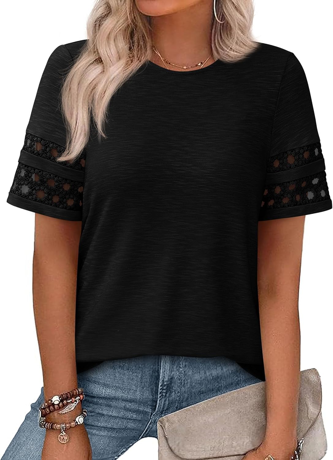 PRETTYGARDEN Summer Tops for Women 2026 Lace Short Sleeve T-Shirts Casual Blouses Spring Fashion Clothes Vacation Outfits