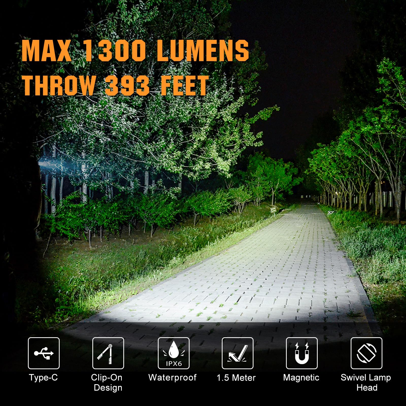 VTIGER Lampe torche EDC rechargeable C1 à clipser, 1300 lumens, puissante et portable, mini lampe à clip pivotant, multi-mode, étanche IPX6, petite lampe de poche magnétique pour cyclisme, travail