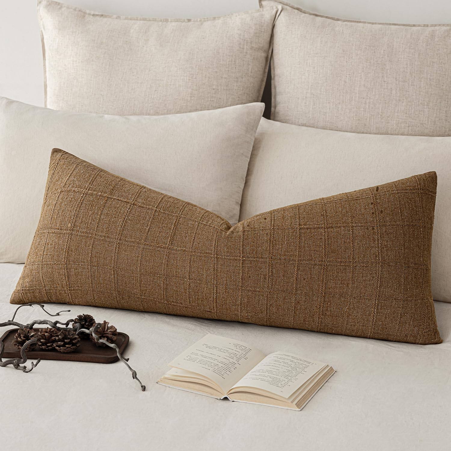 Foindtower Set of 1 Decorative Linen Check Throw Pillow Cover Neutral Long Body Lumbar Cushion Cover Farmhouse Vintage Boho Home Decor for Sofa Chair Couch Bedroom Living Room,14×36 Inch,Brown Hazel