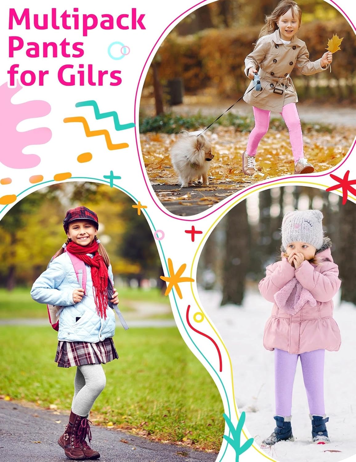 Girls Leggings Cotton Leggings Basic Girls' Pants for Kids Toddler Teens Soft Footless Pull On Pants Multipack 2T-14Y - Image 2