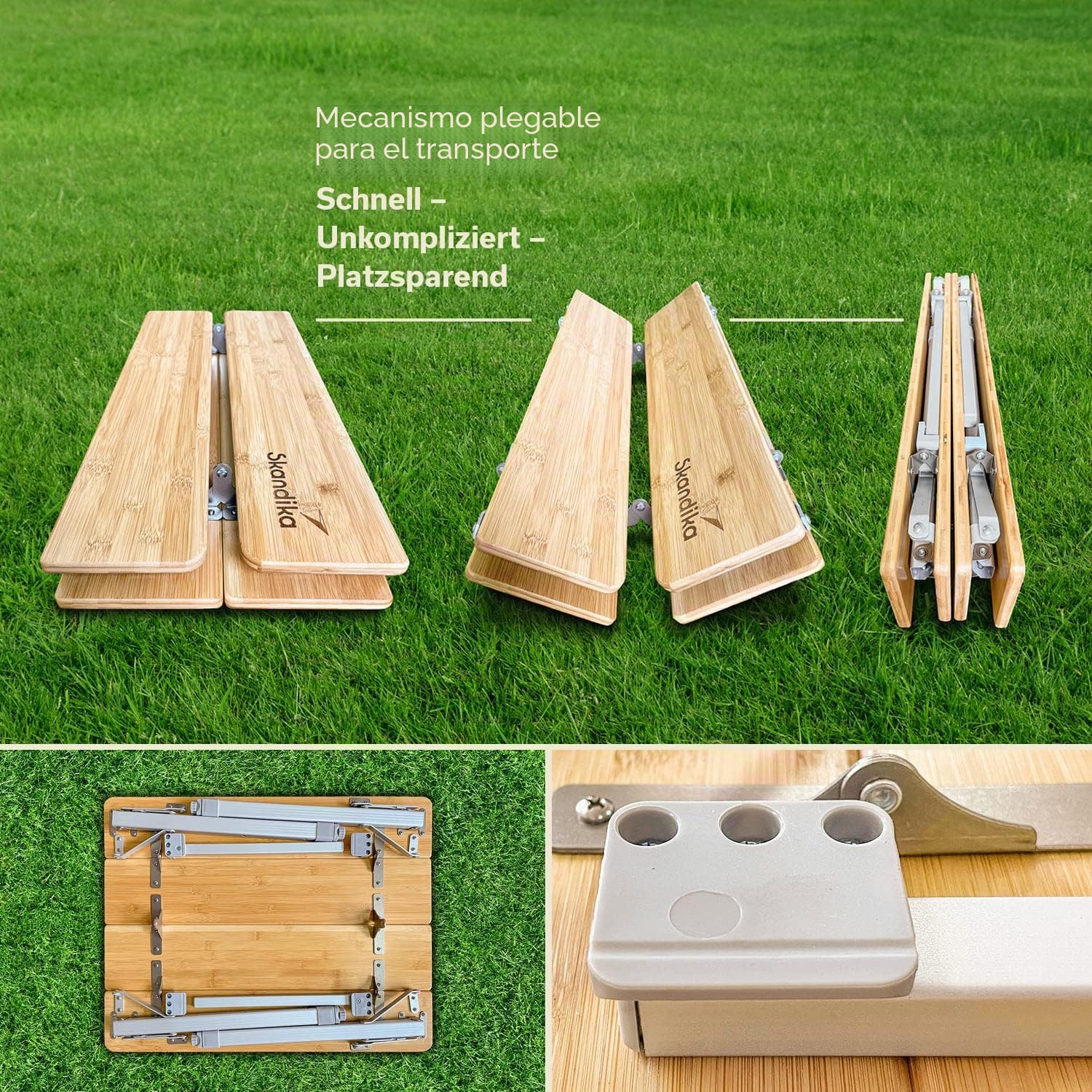 skandika Tolja | Mesa de Camping de bambú Plegable, Estante de Rejilla, Varios tamaños, Regulable en Altura en 3 Posiciones, Aluminio, Madera, Resistente a la Intemperie (65 x 50 x 65 cm)