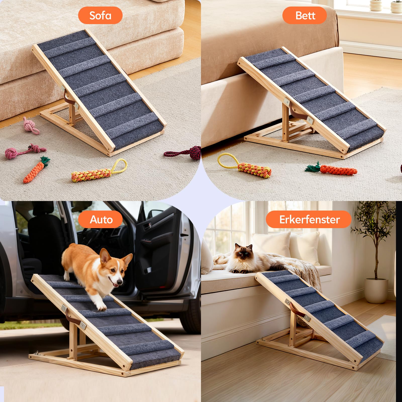 Tukailai Hunderampe aus Holz 70cm Lang Hundetreppe für Bett Sofa Auto Klappbare 2 Höhenverstellbar Haustierrampe mit Rutschfestem Teppich und Querstangen,40kg Tragfähigkeit für kleine Hunde Rampe