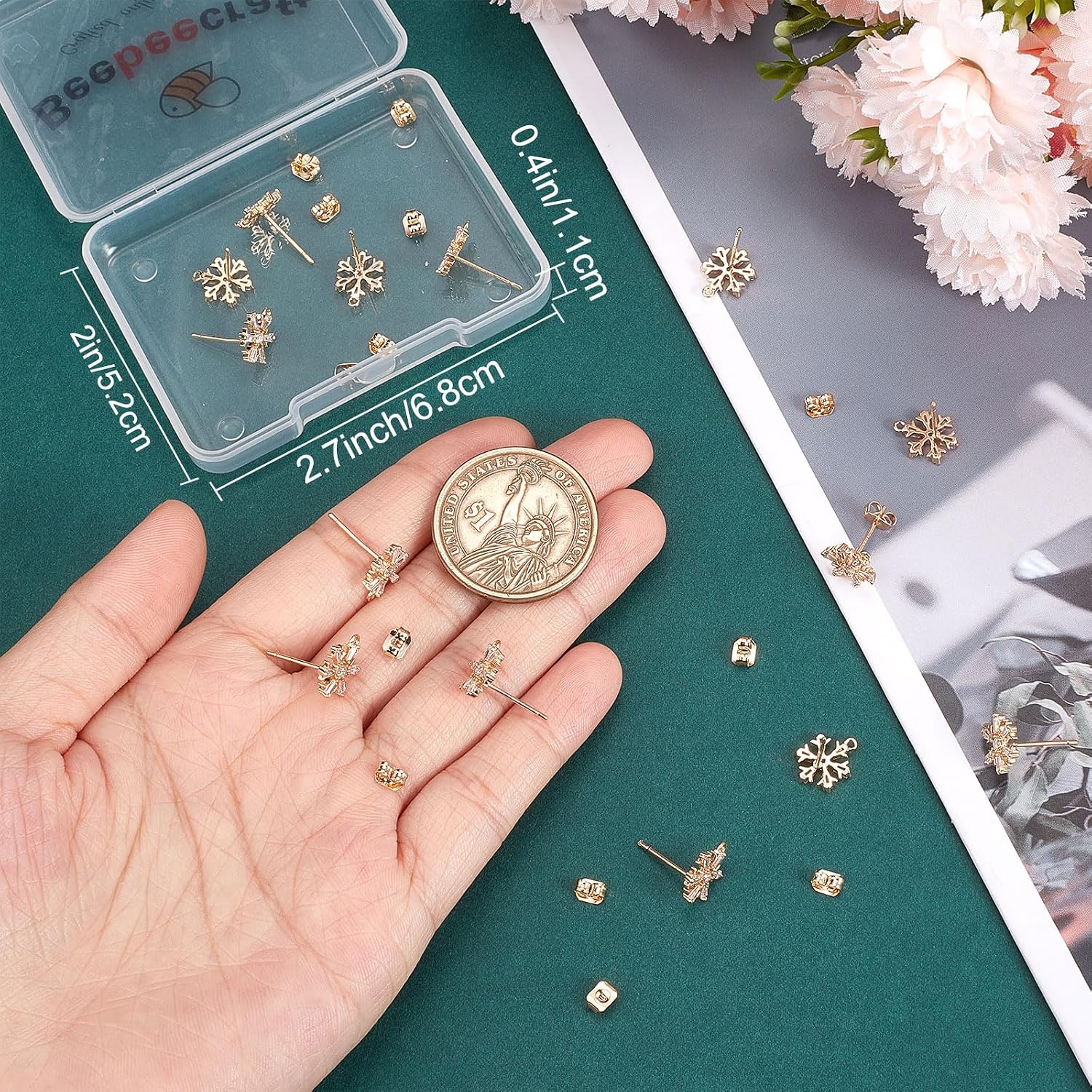 Beebeecraft 1 Box 20Pcs Zirconia Ear Stud Findings 18K Gold Plated Snowflake Earring Post with Loop and Brass Ear Nuts for Winter Christmas New Year Birthday DIY Earring Jewellery Making