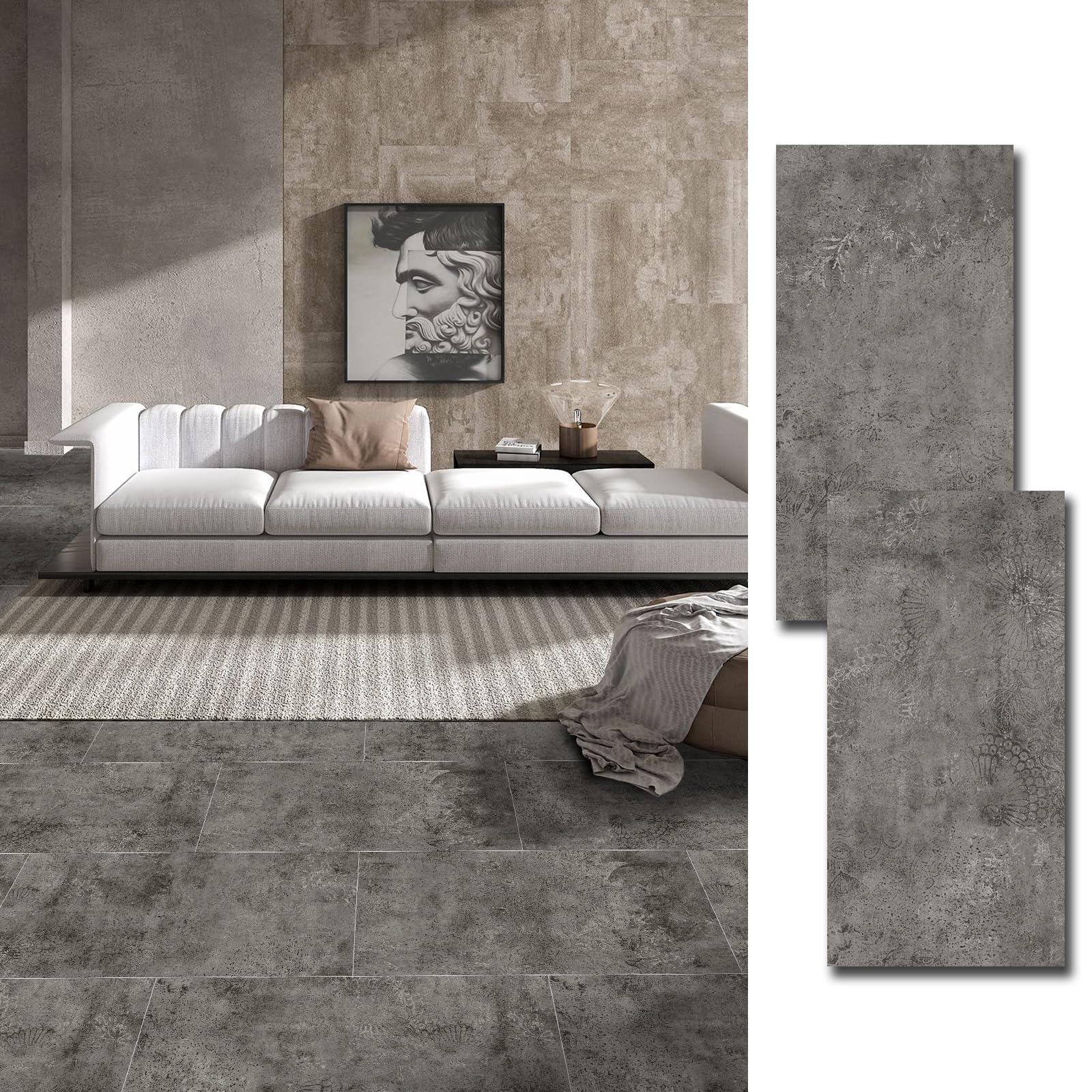 Mulgreat PVC-Boden Selbstklebende Vinyl-Fliesen, Vinylboden Hell Grau Pattern Stein Muster-60,96 cm x 30,48 cm x 1,5 mm, Hellgraue Blume