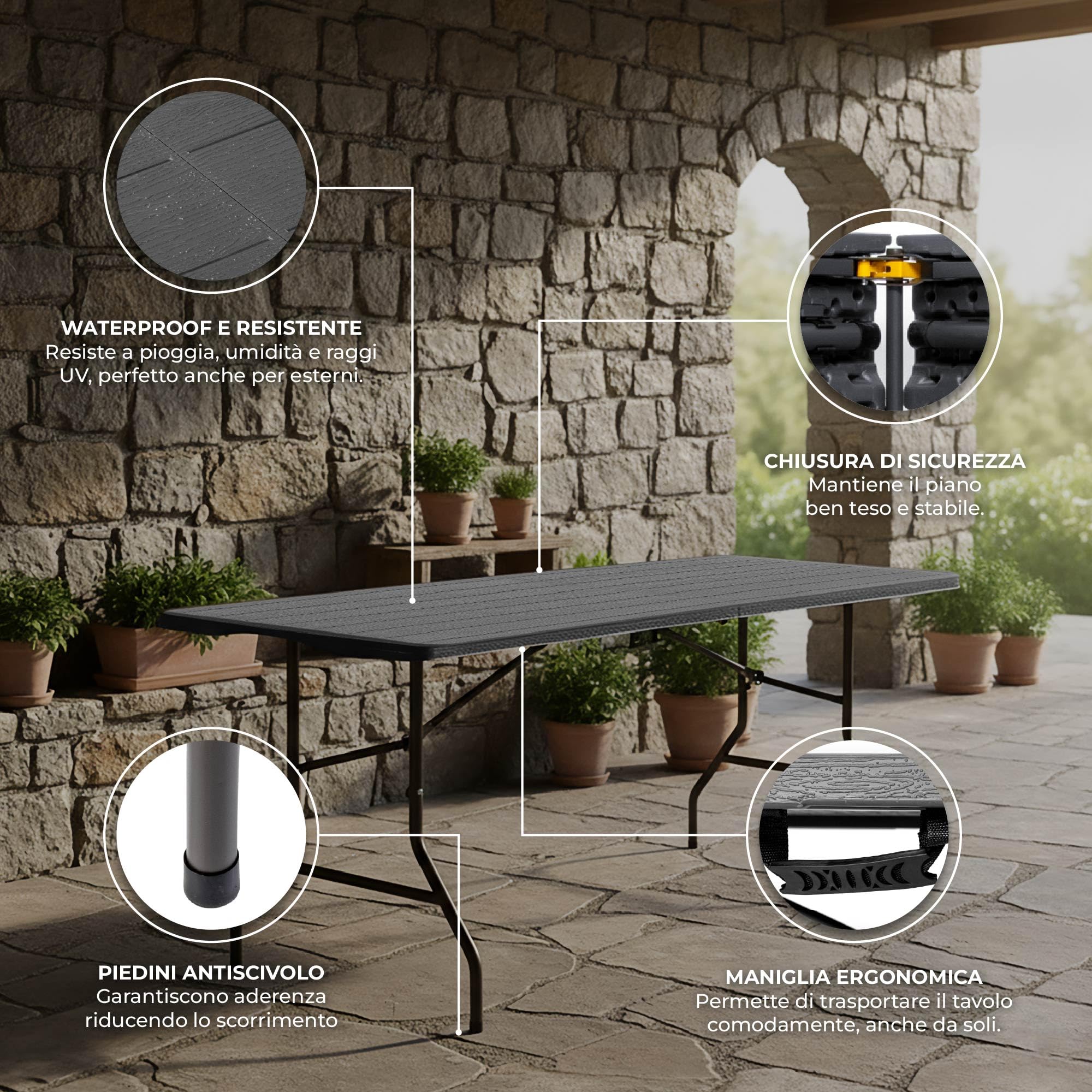 IlGruppone Tavolo Pieghevole Rettangolare Valigetta In HDPE Pieghevole Cucina Giardino Fiera Mercato Pic Nic Campeggio In Dura Resina 180X74X74 Richiudibile Salvaspazio (Antracite, 180X74X74 cm)