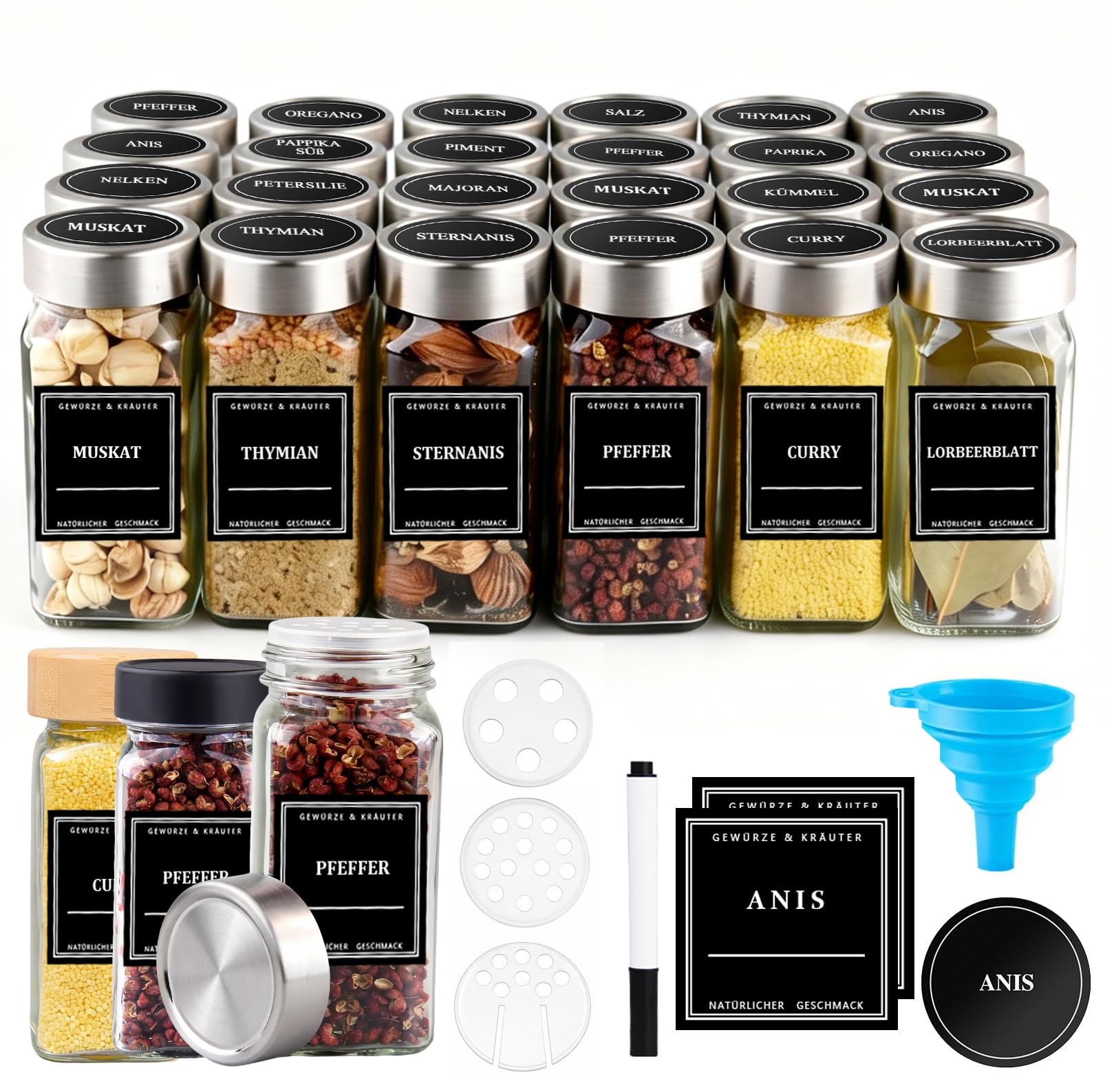 CoolNovel® Gewürzgläser Set 24er [120ml, Eckig & Luftdicht], Etiketten & Streueinsätzen - Glas Gewürzdosen inkl. Trichter & Reinigungsbürste - Gewürze Aufbewahrung