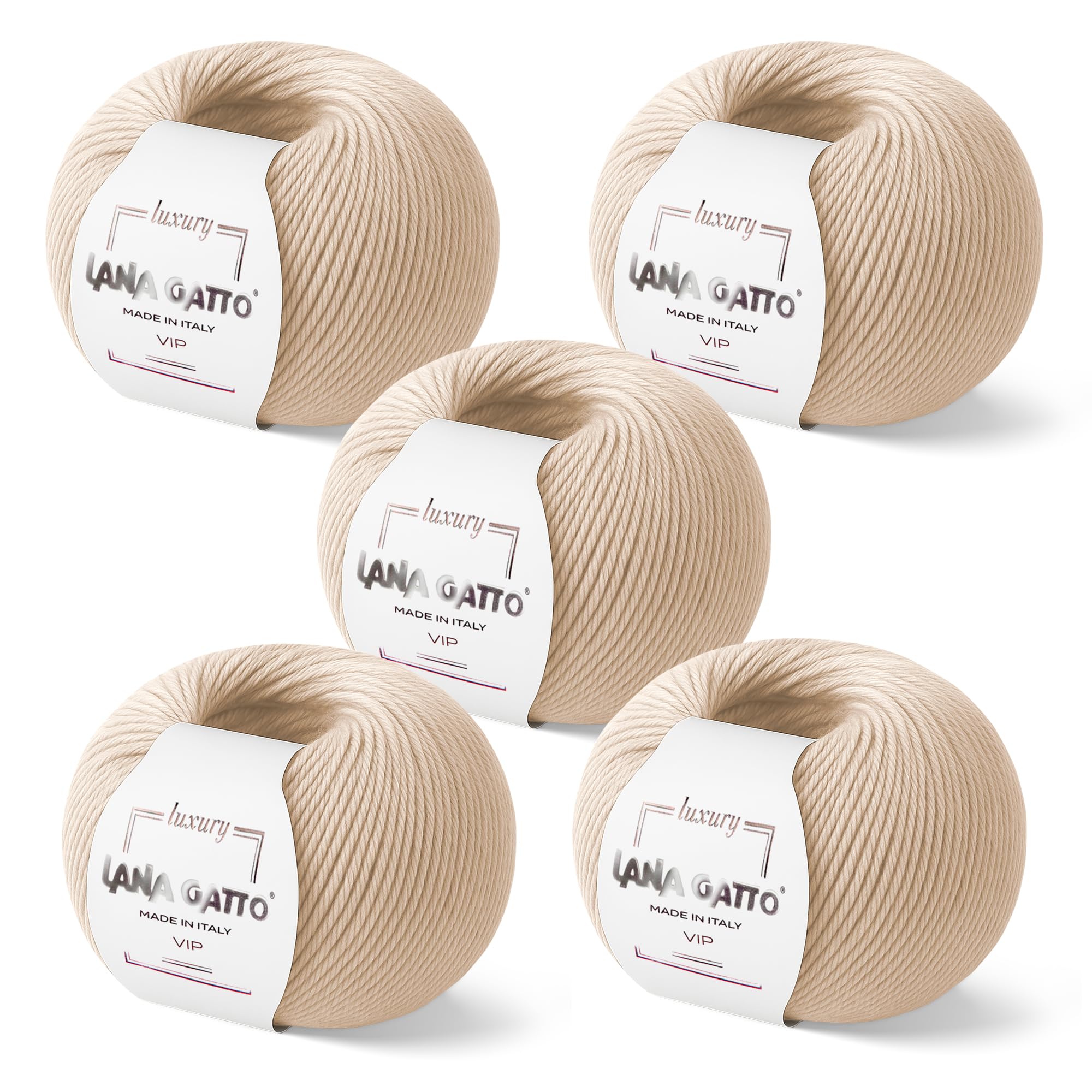 5-er-Pack Kaschmir- und extrafeine Merinowolle zum Stricken, Lana Gatto Vip Line, 250 g, 1000 m, (Beige - 10011, 5)