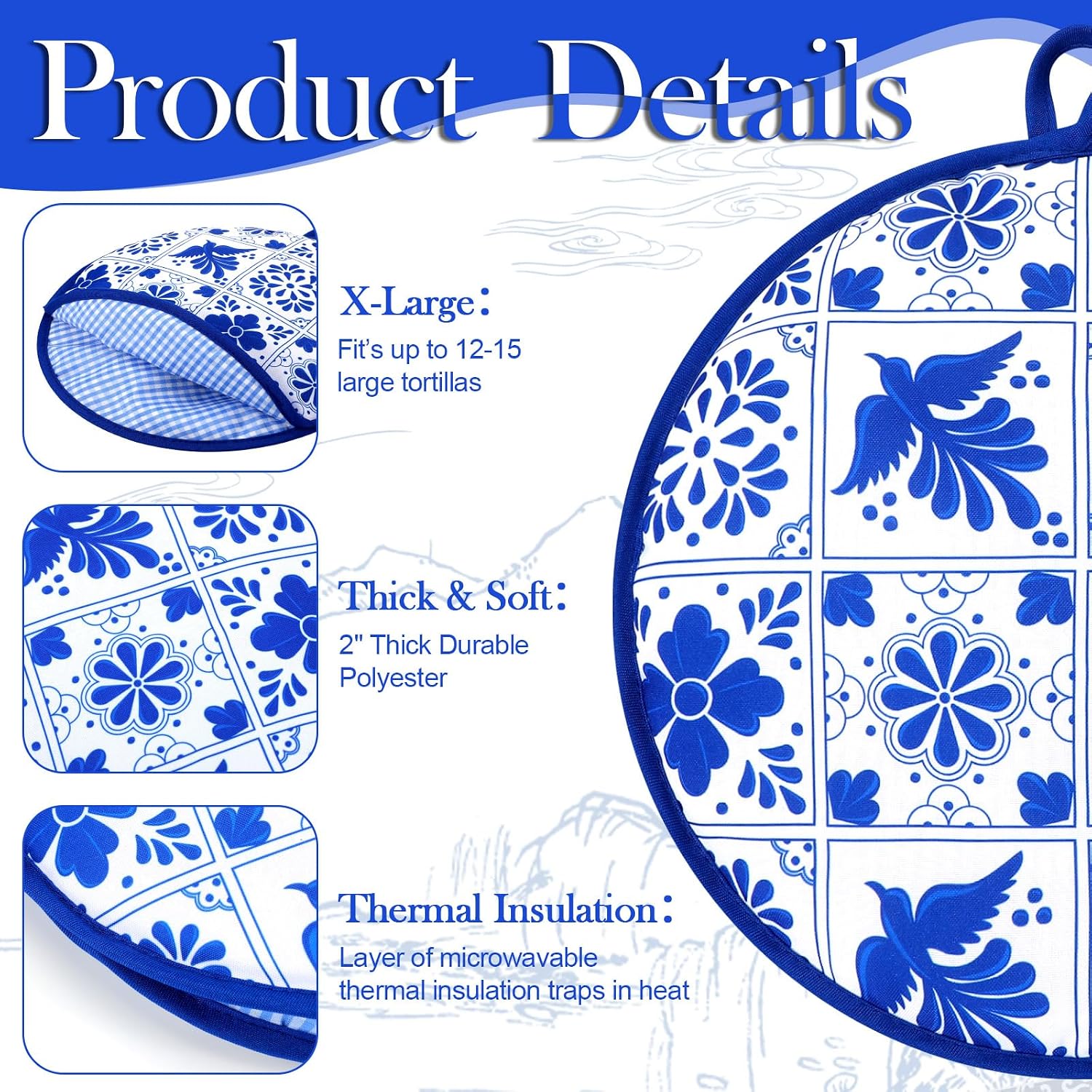Honeydak 2 Pcs 12 Inch Tortilla Warmer Pouch, Microwavable Insulated Cloth Pouch Blue Mexican Talavera Tortillero Fabric Tortilla Keeper Taco Holder for Tortillas, Tacos, Naan, Pizza Rolls
