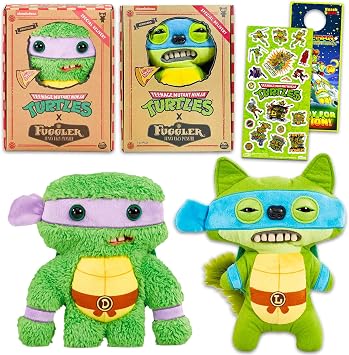 Fuggler Teenage Mutant Ninja Turtles Plushies Set for Kids - Bundle 2 Fuggler Donatello and Leonardo 9 Inch Dolls, Plus Sticker & More | TMNT Funny Ugly Plush Set for Boys, Girls