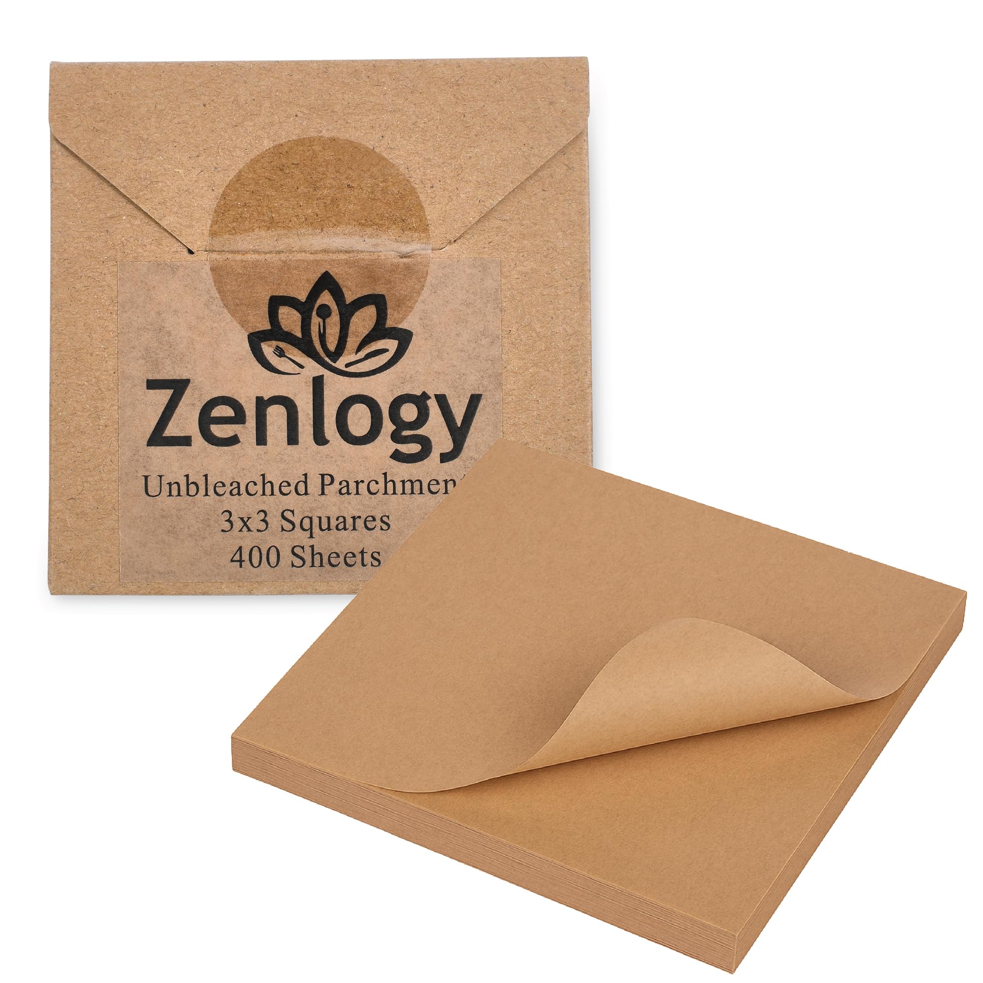 Zenlogy 3x3 Small Parchment Paper Squares (400 sheets) - Unbleached, Non-stick, Pre-cut Mini Parchment Paper - For Diamond Painting, Freezing, Storing, Separating, Flower Piping and Lining