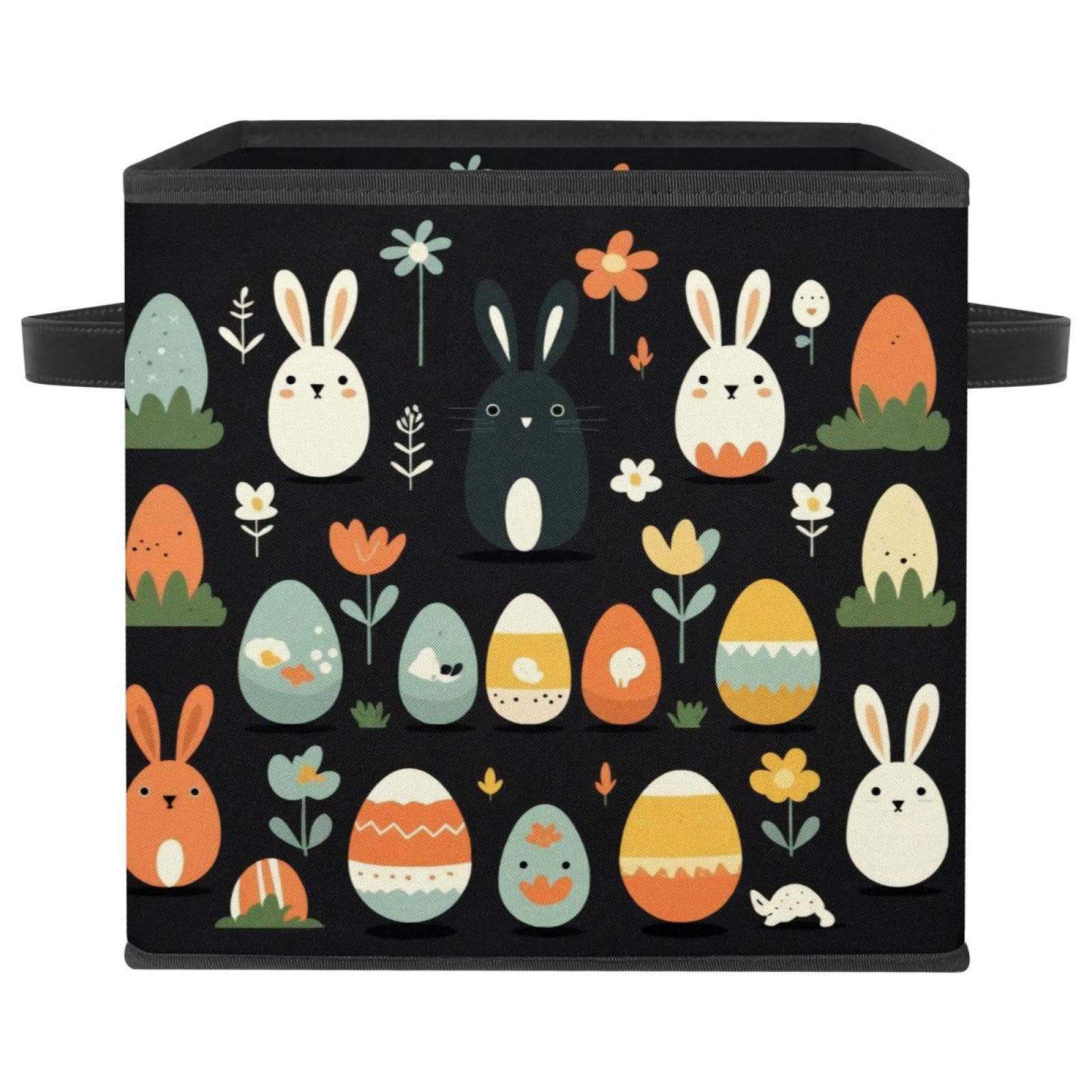 Boîte de rangement pliable noire motif œuf de lapin de Pâques pour organiser salon et chambre
