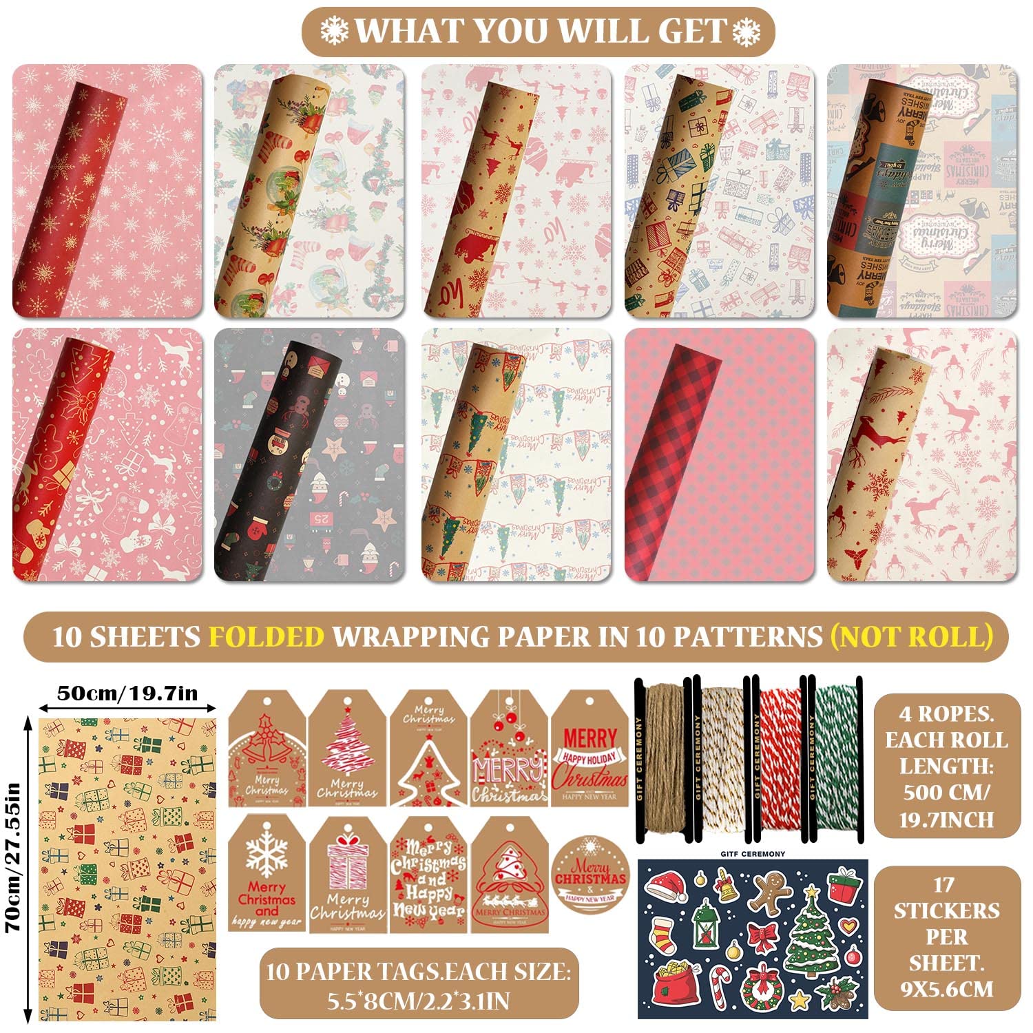 FullJoyHut Carta da Regalo Natalizio Set,tra cui 10 Carta da Regalo Natalizia,10 Etichette Regalo Natalizie Carta Kraft,4 Rotolo Corde di Luta e Cotone e Metallico per Confezione regalo di Natale