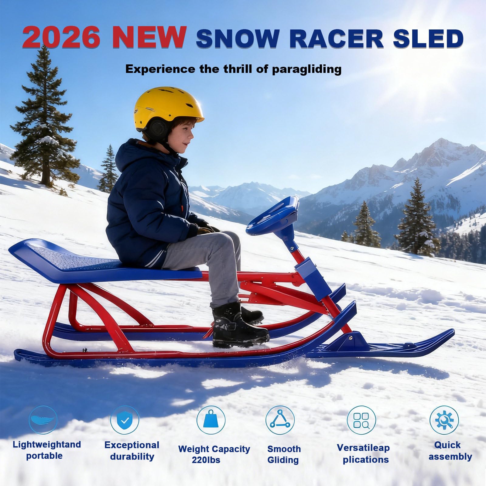 Luge De Course sur Neige, Planche De Glisse pour Skis, avec Guidon Et Double Freins, Cadre en Acier Robuste Et Durable, pour Adultes, Sport d'hiver A