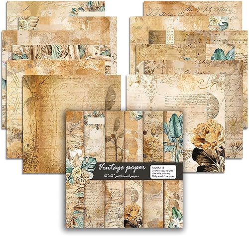 Papel de recortes floral vintage de 12 pulgadas, suministros para álbumes de recortes de diario de una sola cara, 24 hojas de cartulina con patrón