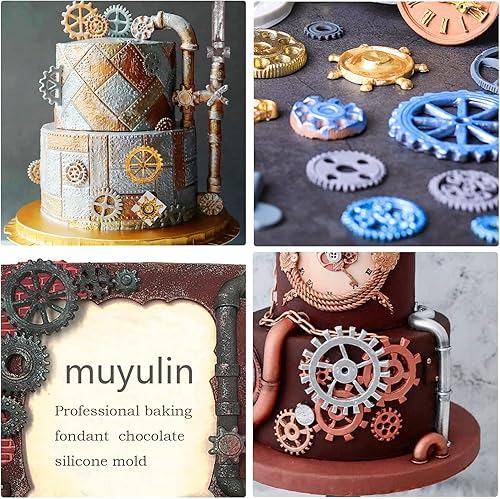 Miniatura 6 de Steampunk Gear - Moldes de silicona, 3 paquetes de tubería de agua remachada placa de metal molde de chocolate para decoración de pasteles
