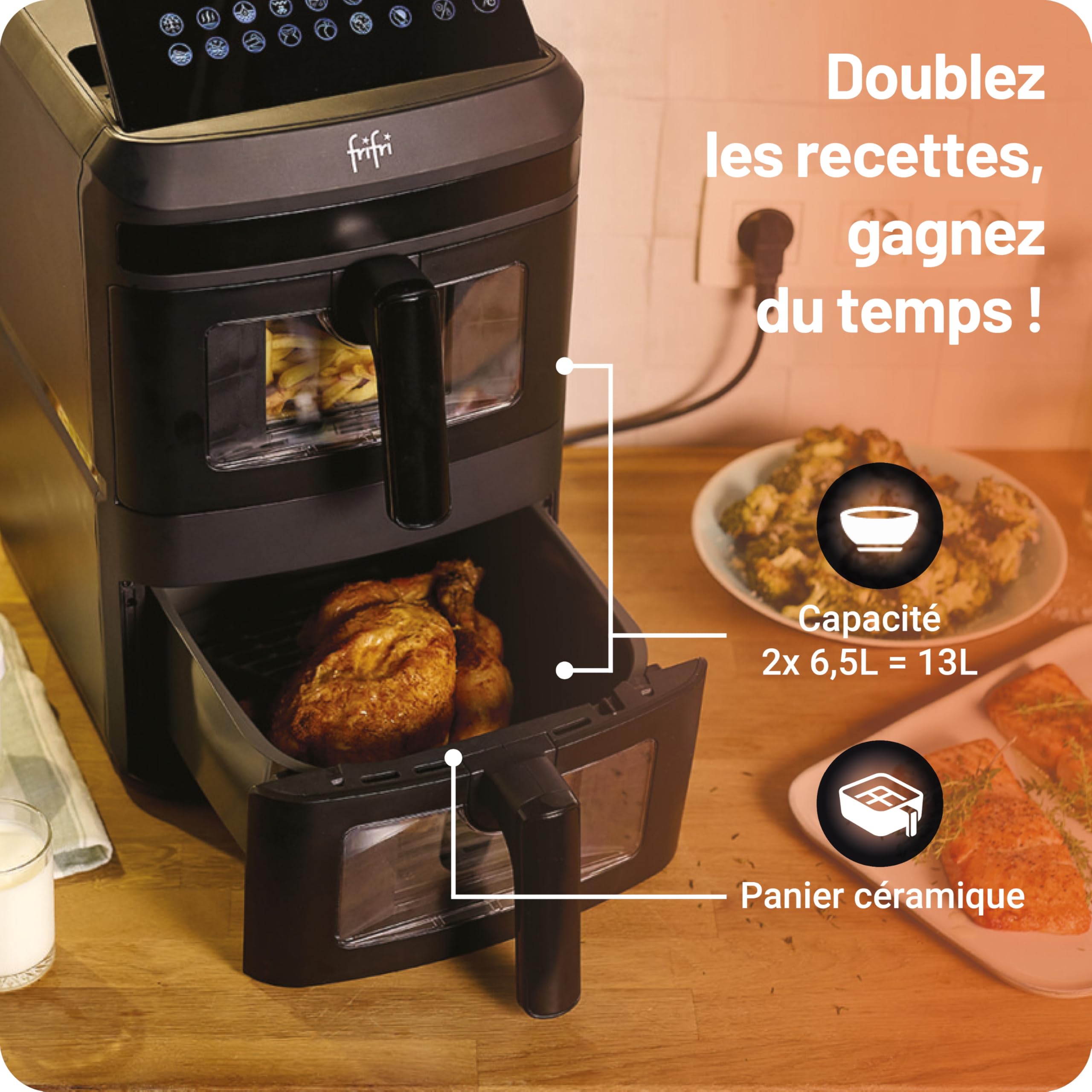 frifri Airfryer Duo Slim 13L - technologie Cyclonique Airflow, 12 programmes automatiques, matériaux haut de gamme - Noir