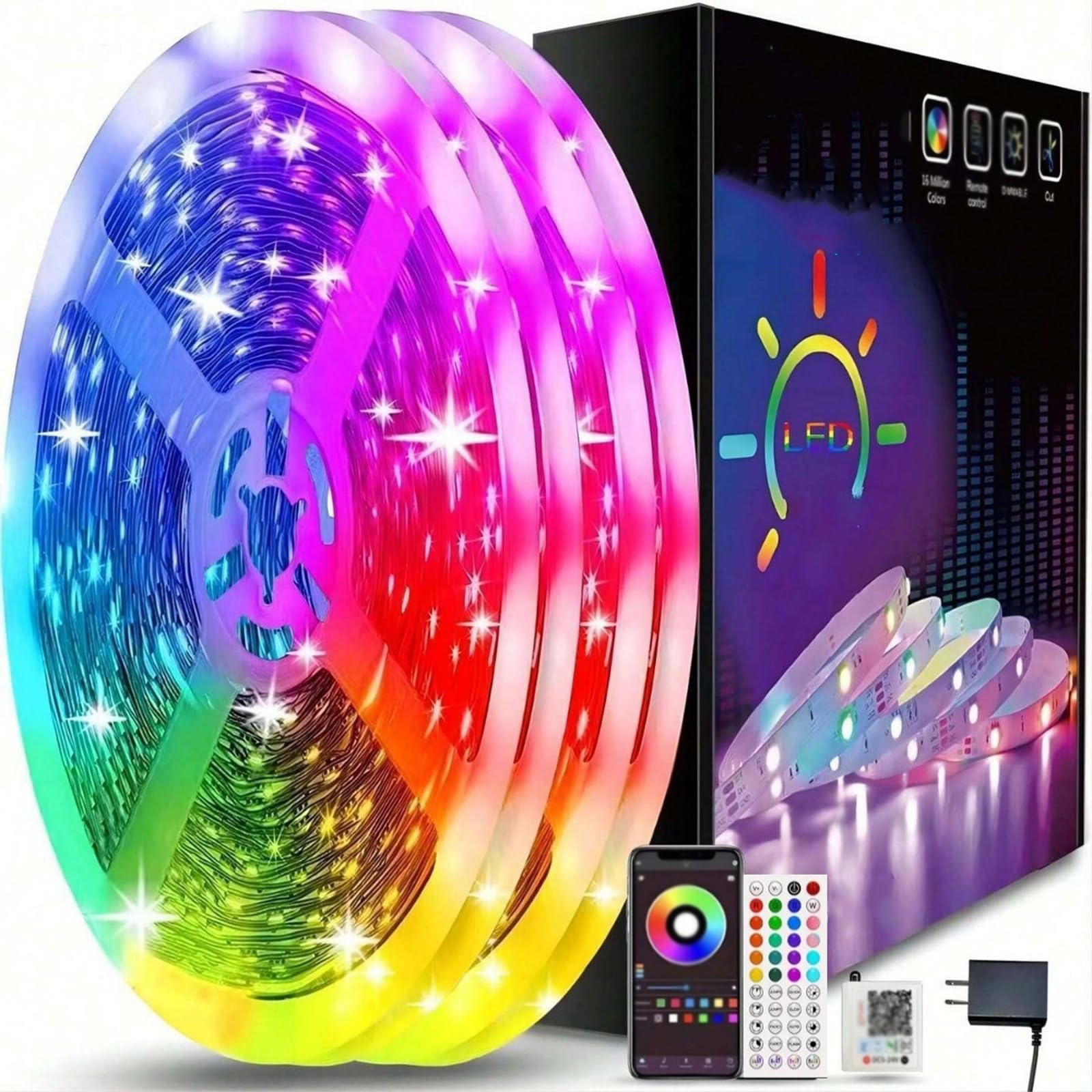 Tira de luces RGB con Bluetooth y música, 44 teclas, 24 V, flexible, con control remoto y aplicación, tira de luces de ambiente inteligente, temporizador de 5 m/20 m,15M
