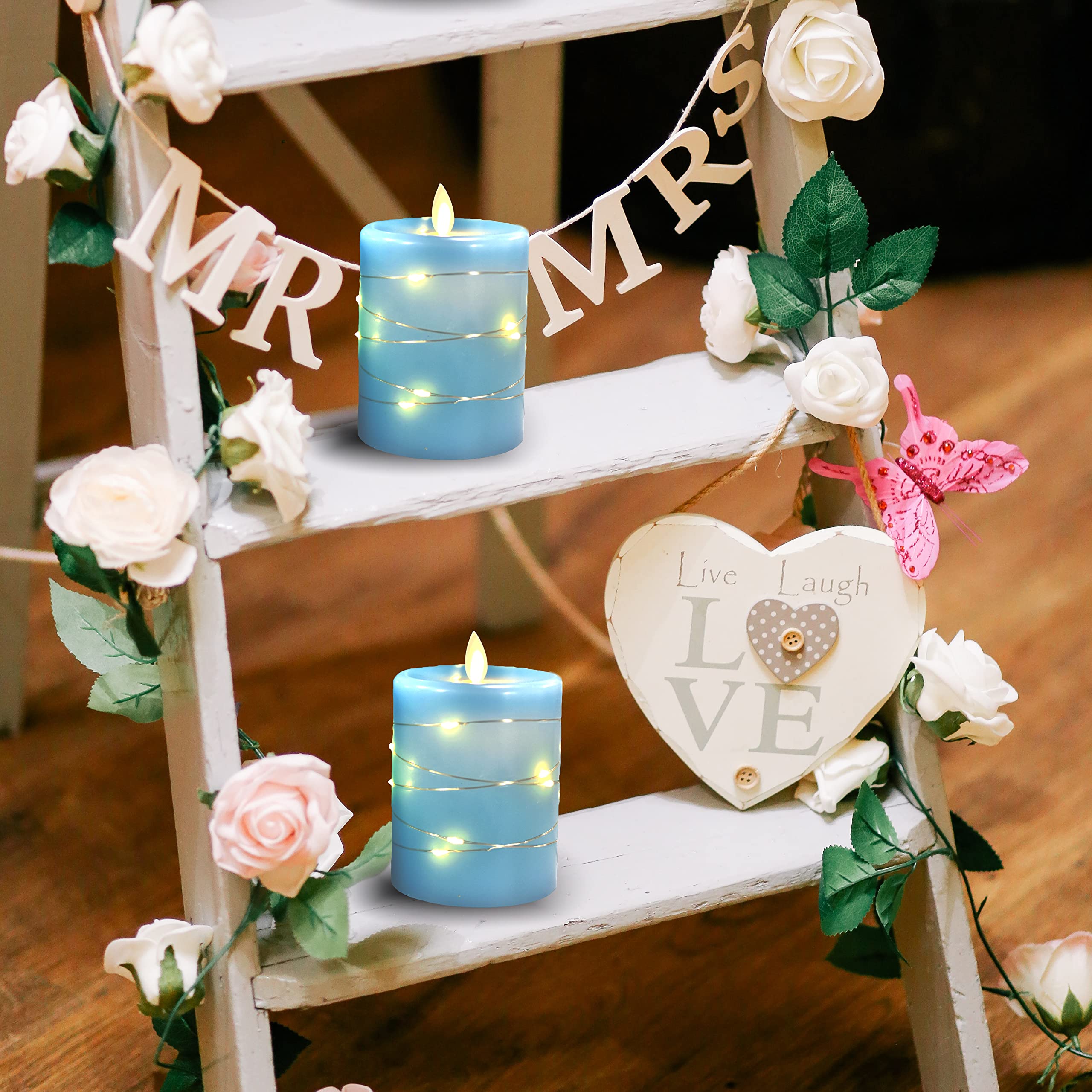 NICEME 5PCS Flameless Candles with Embedded String Lights Sky Blue Battery Operated Electric Pillar Candle Flickering 3D Teardrop Black Wick Real Wax Fake Candle with 11-Key Remote Timer