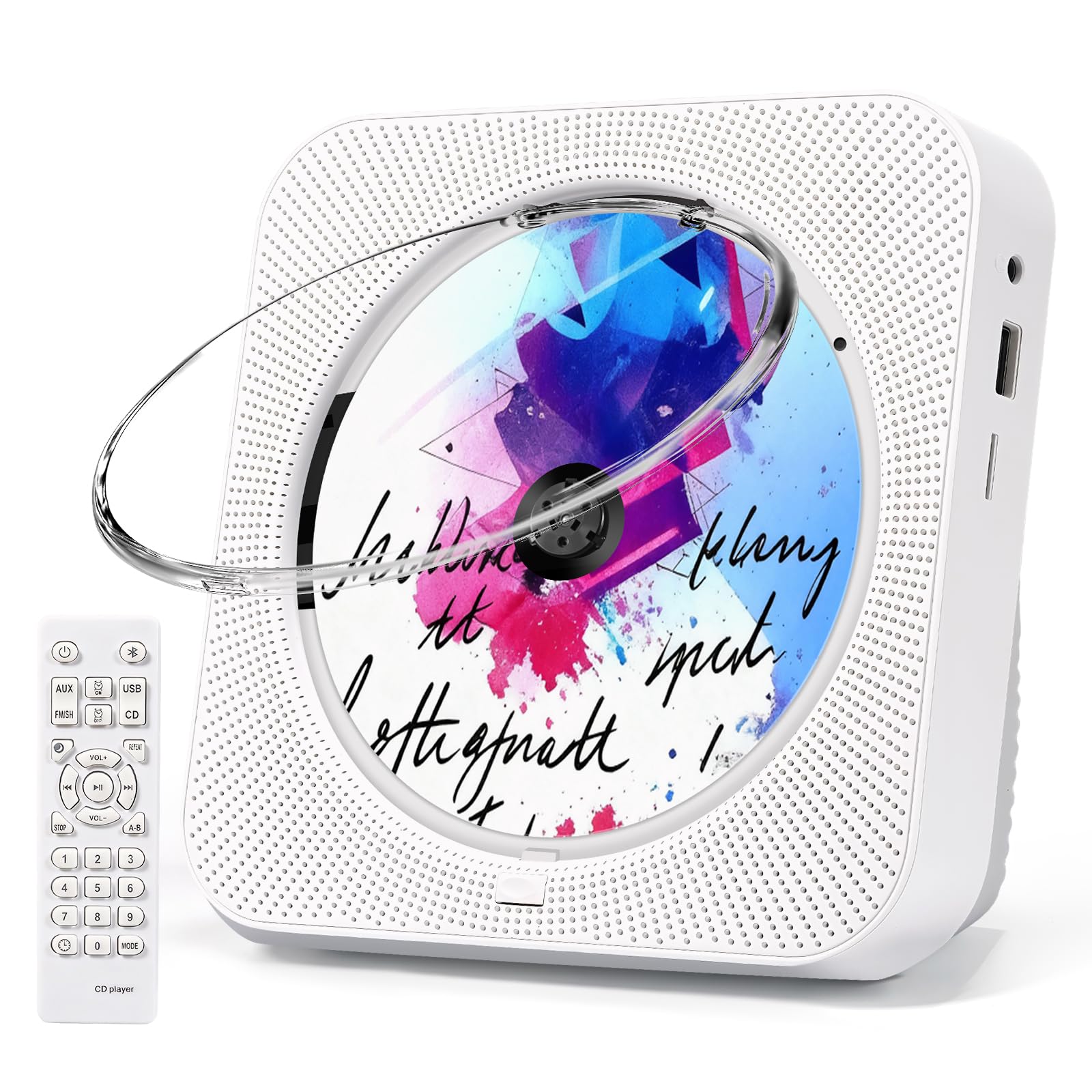 CD Player Portable, Bluetooth CD Players for Home with Remote Control HiFi Stereo LED Display Timer FM Radio AUX/USB/TF Jack, Music CD Player with Speakers Desktop Boombox for Office Kids Gift White