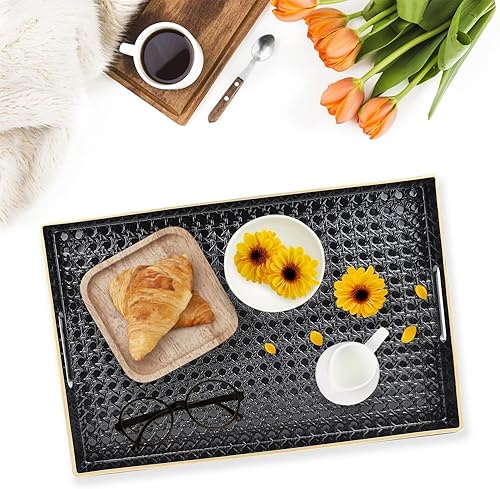 Miniatura 5 de Bandeja decorativa negra para mesa de café, bandeja rectangular de plástico con asas para sala de estar, otomana, baño, 15.7 x 10.2 pulgadas