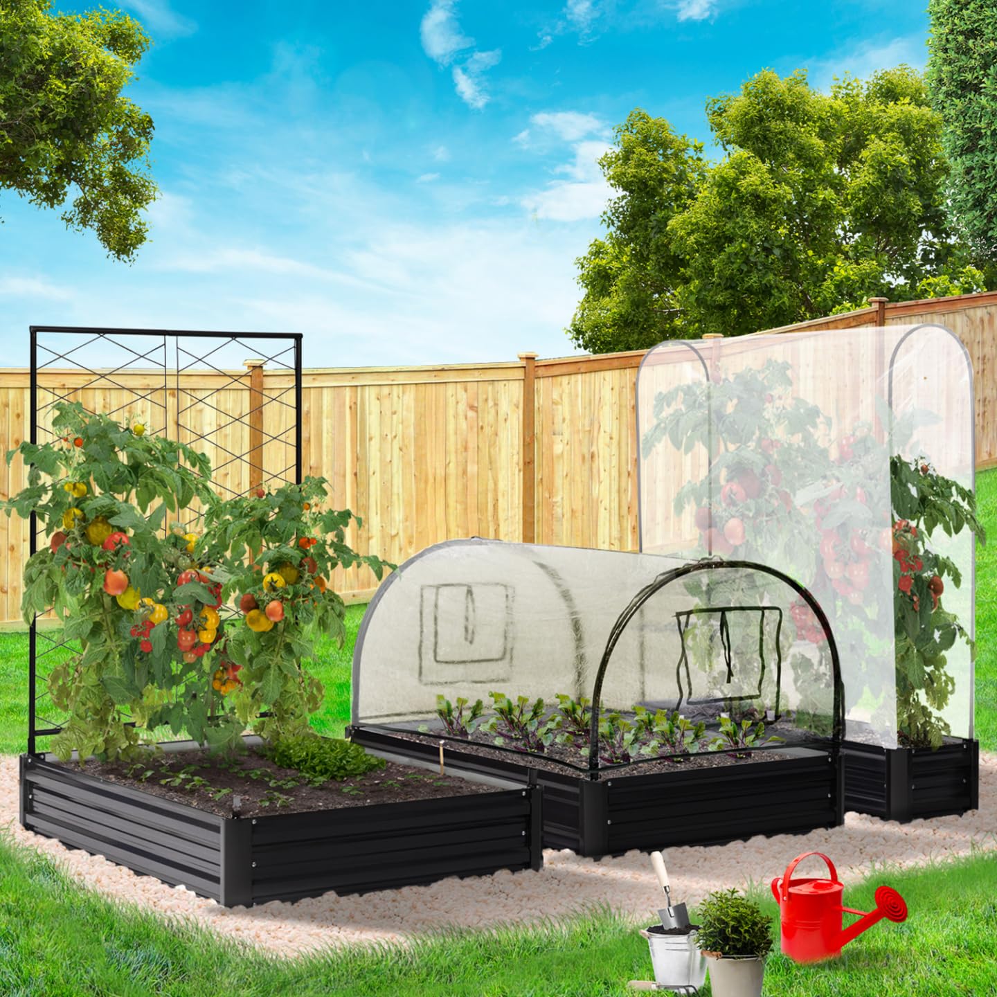 IDMarket - Kit Completo di 3 vasche modulari in Metallo per orto e Serra di pomodori + Traliccio + Copertura