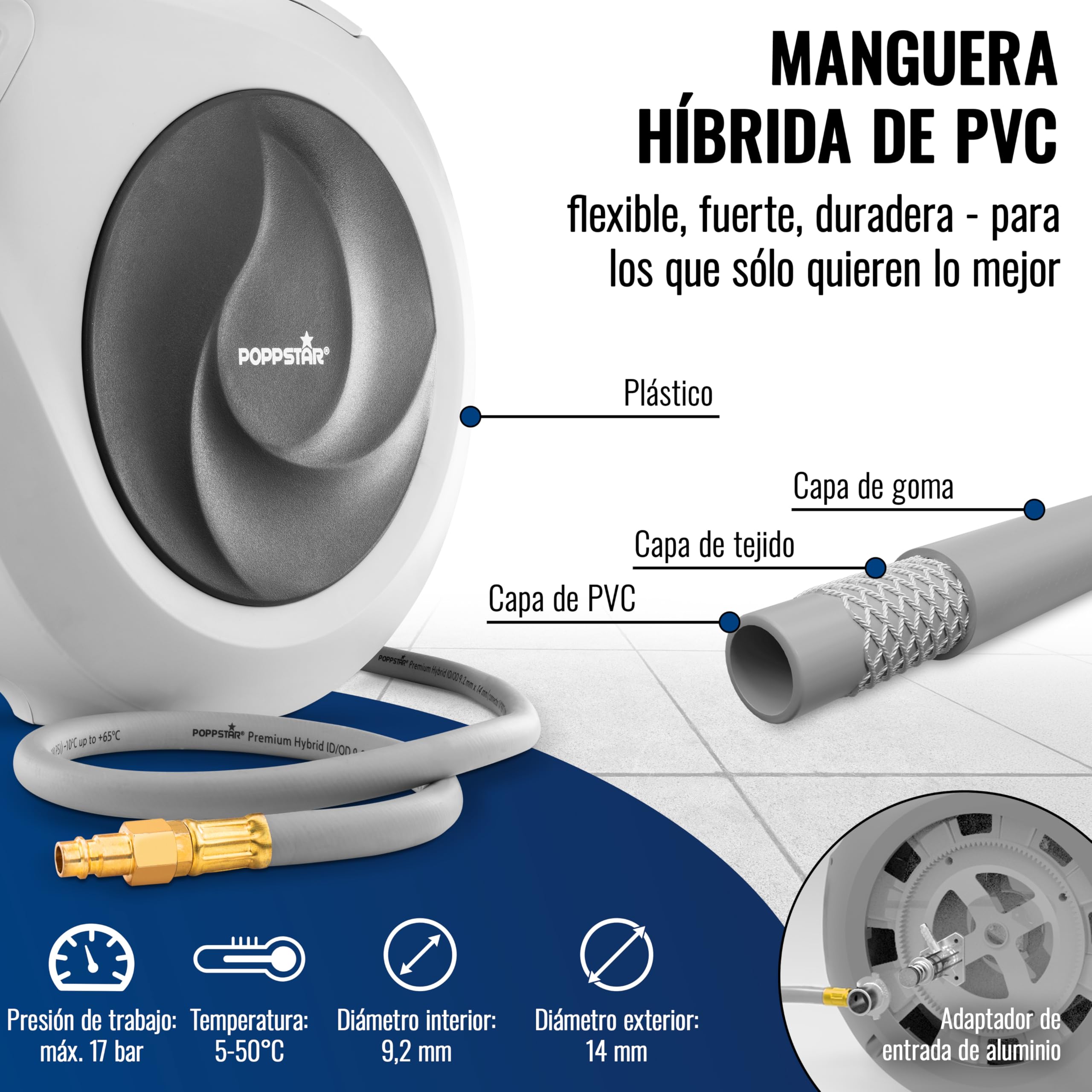Poppstar Enrollador de manguera de aire comprimido (15m+1,1m, diámetro 3/8" (9,2 x 14 mm)), conexión 1/4" BSPT, carrete de manguera de aire comprimido de PVC híbrido
