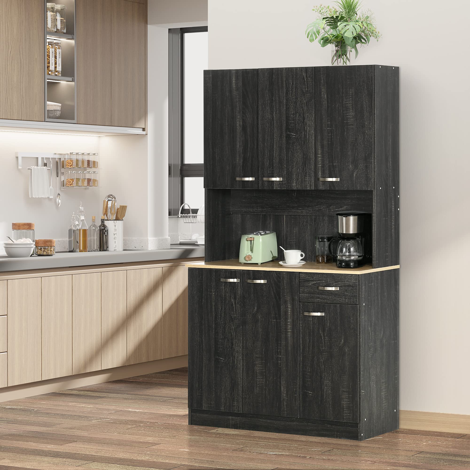 HOMCOM Credenza Cucina con Armadietti, Cassetto e Piano Portamicroonde, Mobile Dispensa Stretto con Ante e Ripiani Regolabili, Mobile Cucina per Soggiorno, Sala da Pranzo, 101x39x180 cm, Nero