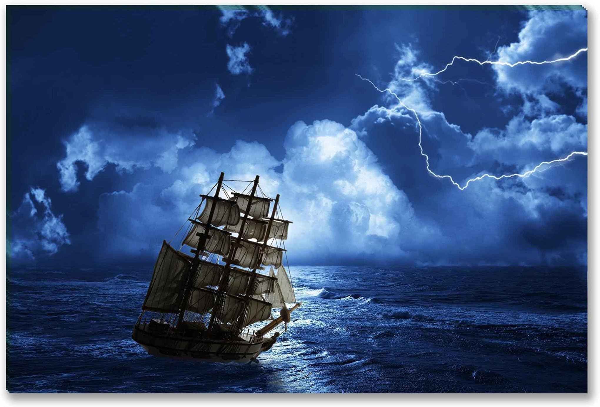 Ocean Series Home Decor Wall Art Painting Struggling from Storm Sailing Ship Picture Print on Canvas with Frames Easy to Hang