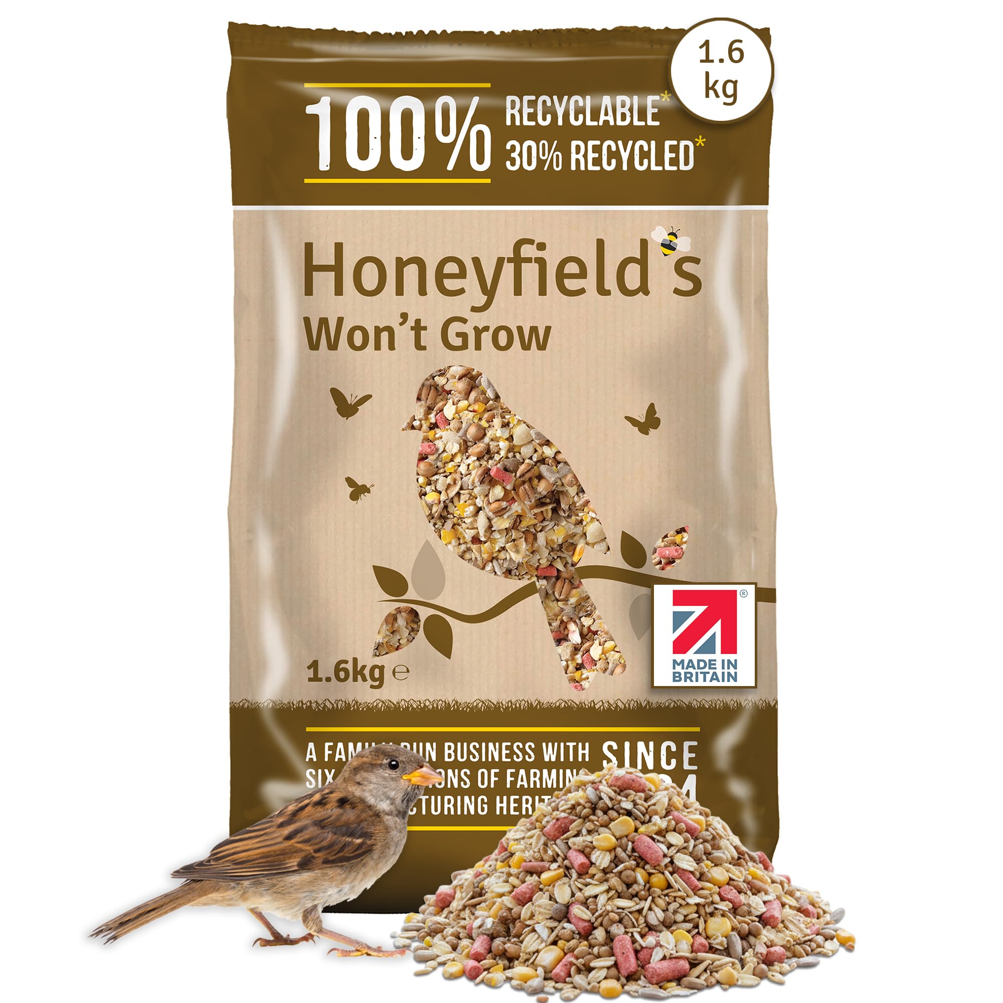 Honeyfield’s - No Grow Bird Food for Outside Birds, Wild Bird Food with Kibbled Sunflower Hearts and Kibbled Peanuts, Ideal for Ground Feeding and Tables (1.6kg)